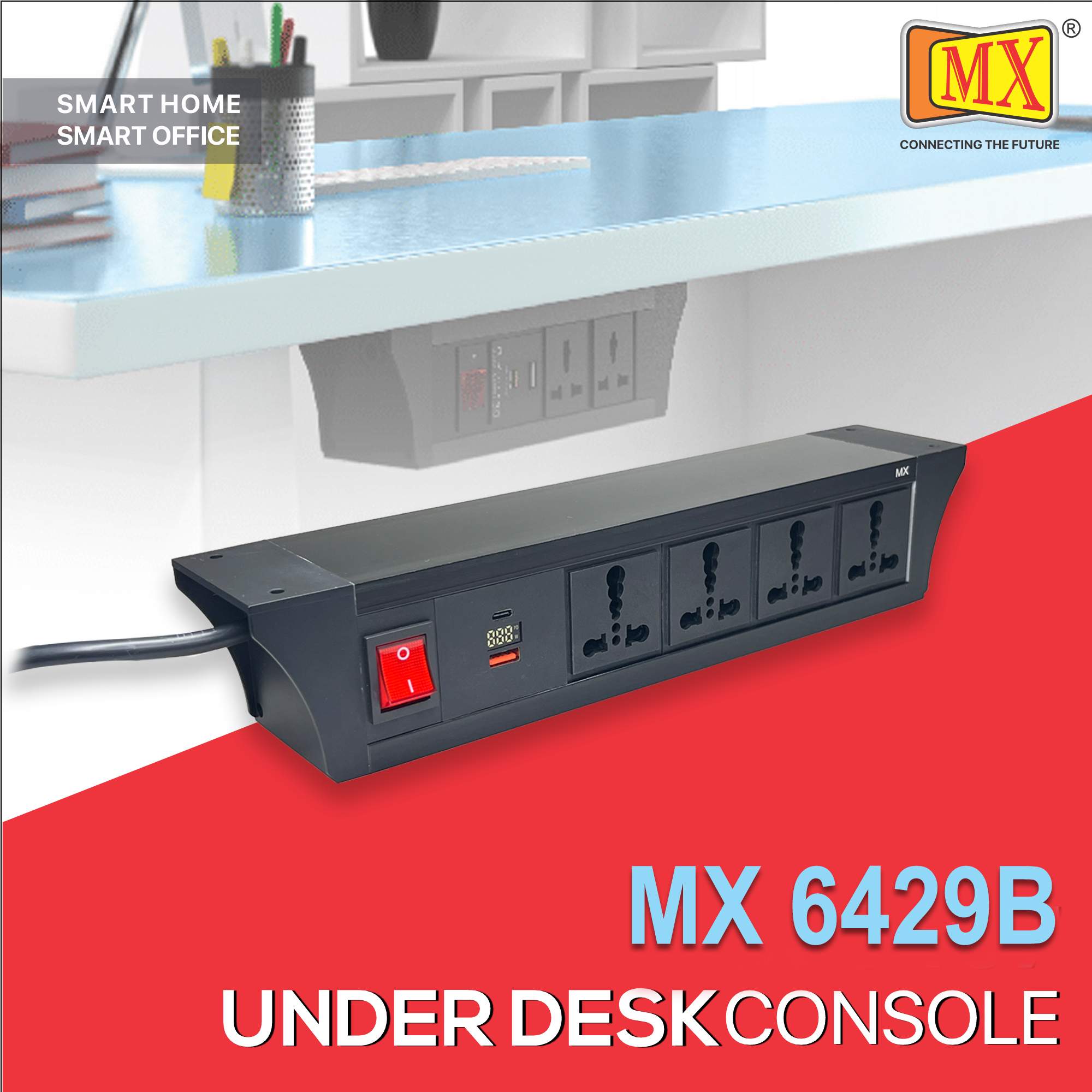 MX PDU Under table 6/16 Amps 4 Universal Socket | 2 USB (2.4 Amp) with 30W PD Charger With Display | Dual Pole LED Indicator Switch | 16 Amps Heavy Duty Cord 10 Meter with ISI Marked, Aluminium Body Material(MX 6429B-10M Black)