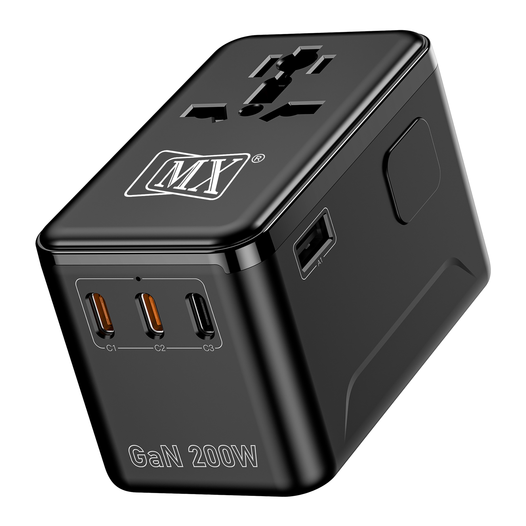 MX GaN 200W Universal Travel Adapter with 3 USB-C & 1 USB-A Port AC Outlet, 5-in-1 International Power Adapter for Worldwide Travel, Type A/C/G/I Plugs, 200+ Countries Fast Charging Adapter