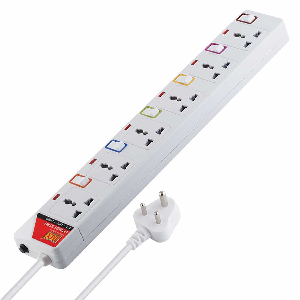 MX 6 Outlet Power Strip with Universal Socket & LED Indicator Individual Color Switch with Circuit Breaker Protection Spike Guard Extension Board with Child Safety Shutter, 5 Meter for home appliances like electric cooktop & Stove