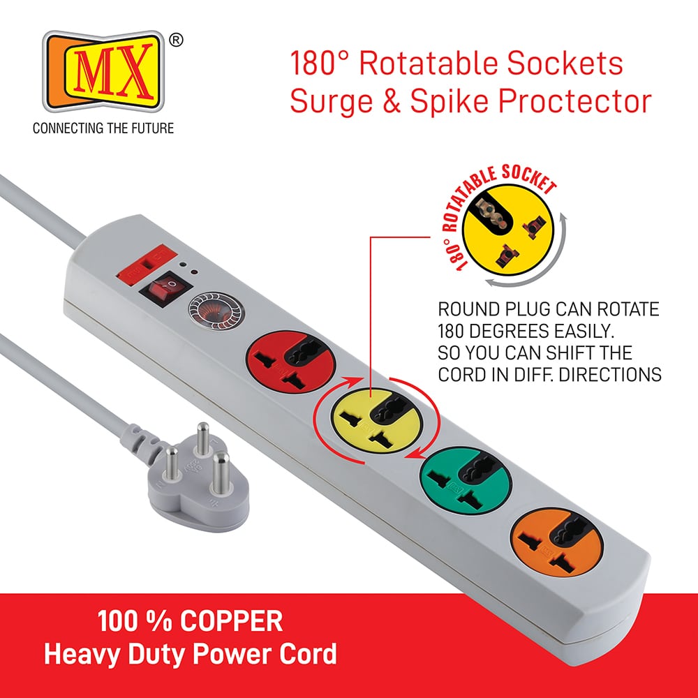 MX 4 Socket 180 Degree Rotatable Surge & Spike Protector with 4 Universal Socket, Master Switch, Fuse, LED Indicator 1.5 mtr Cord Length for home appliances like electric cooktop & Stove