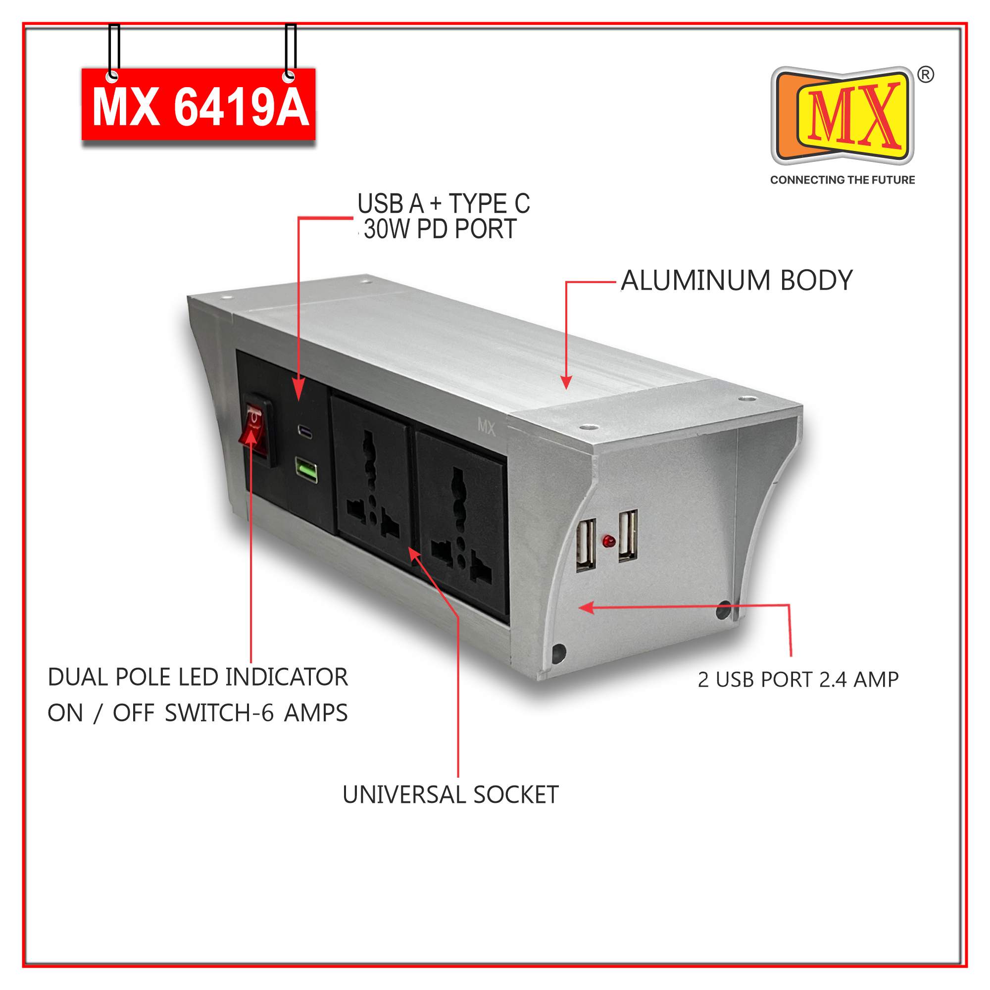 MX PDU Under table 6/13 Amps 2 Universal Socket | 2 USB (2.4 Amp) with 30W PD Charger | Dual Pole LED Indicator Switch | 6 Amps Heavy Duty Cord 1.5 Meter with ISI Marked, Aluminium Body Material(MX 6419A-1.5M Silver)