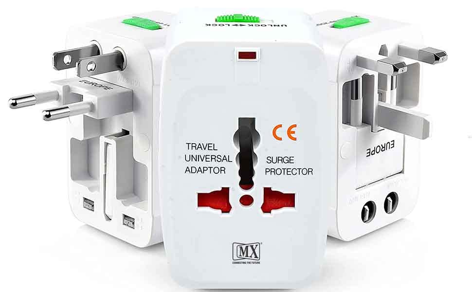 MX Universal Travel Adaptor with Build in USB Charger Port with 250V, Surge/Spike Protected Electrical Plug White (Pack of 2)