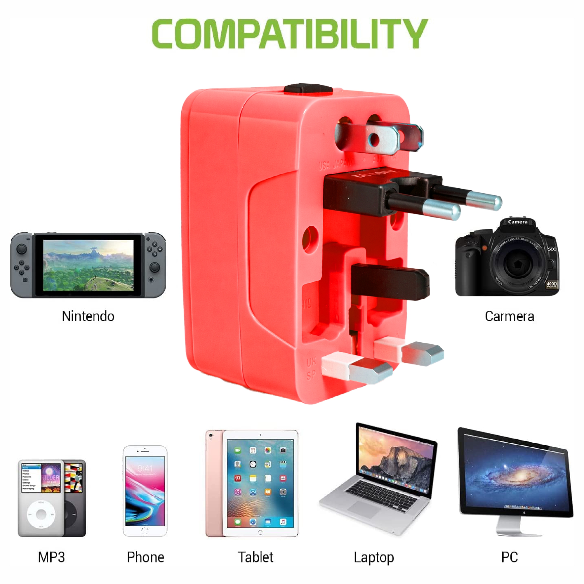 MX Universal Travel Adapter, Worldwide All over 150 International Countries with LED & Child Safety Shutter-Universal Socket Compatible in UK, Europe, USA, Australia, China, Japan & Thailand (Red)