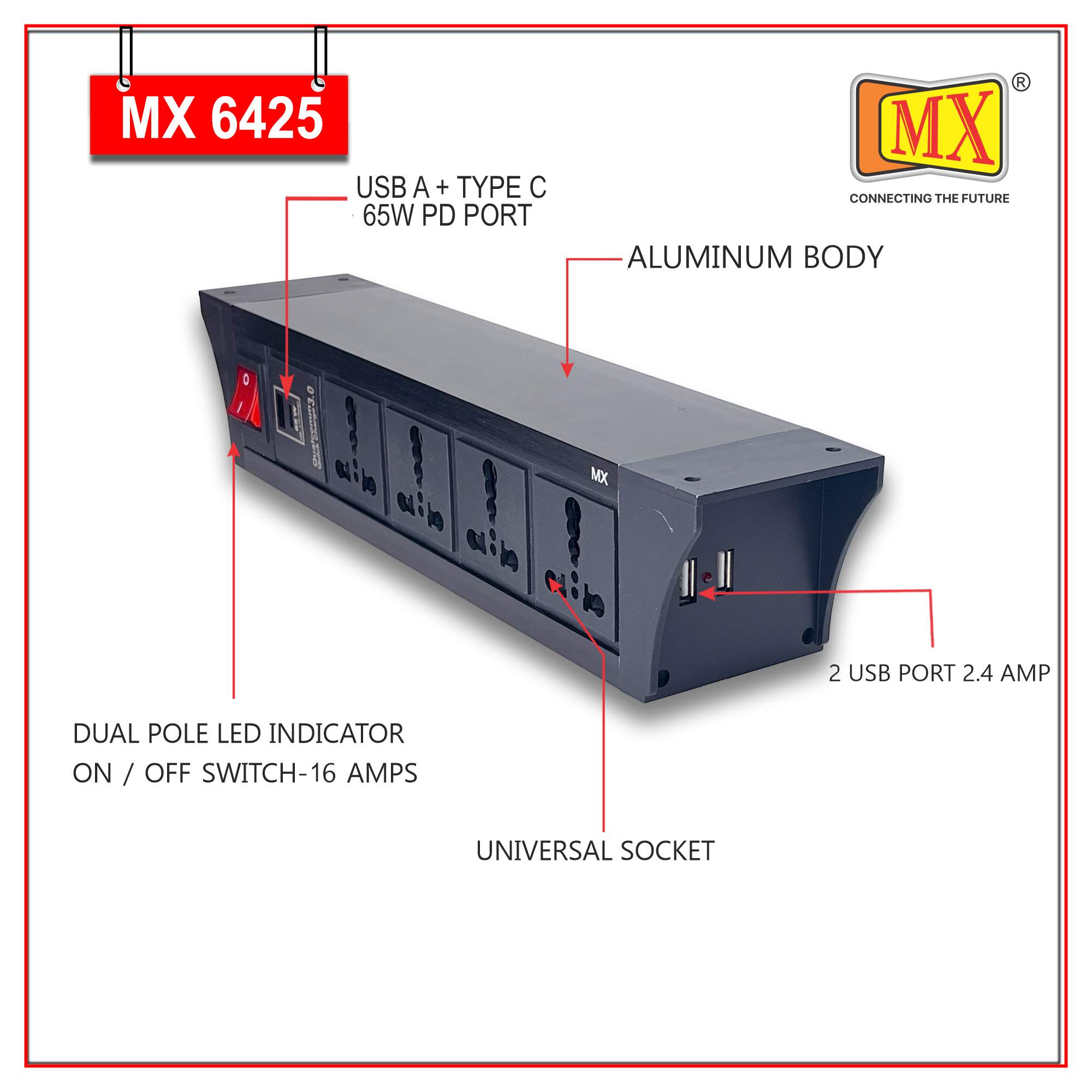 MX PDU Under table 6/16 Amps 4 Universal Socket | 2 USB (2.4 Amp) with 65W PD Charger | Dual Pole LED Indicator Switch | 16 Amps Heavy Duty Cord 3 Meter with ISI Marked, Aluminium Body Material(MX 6425-3M Black)