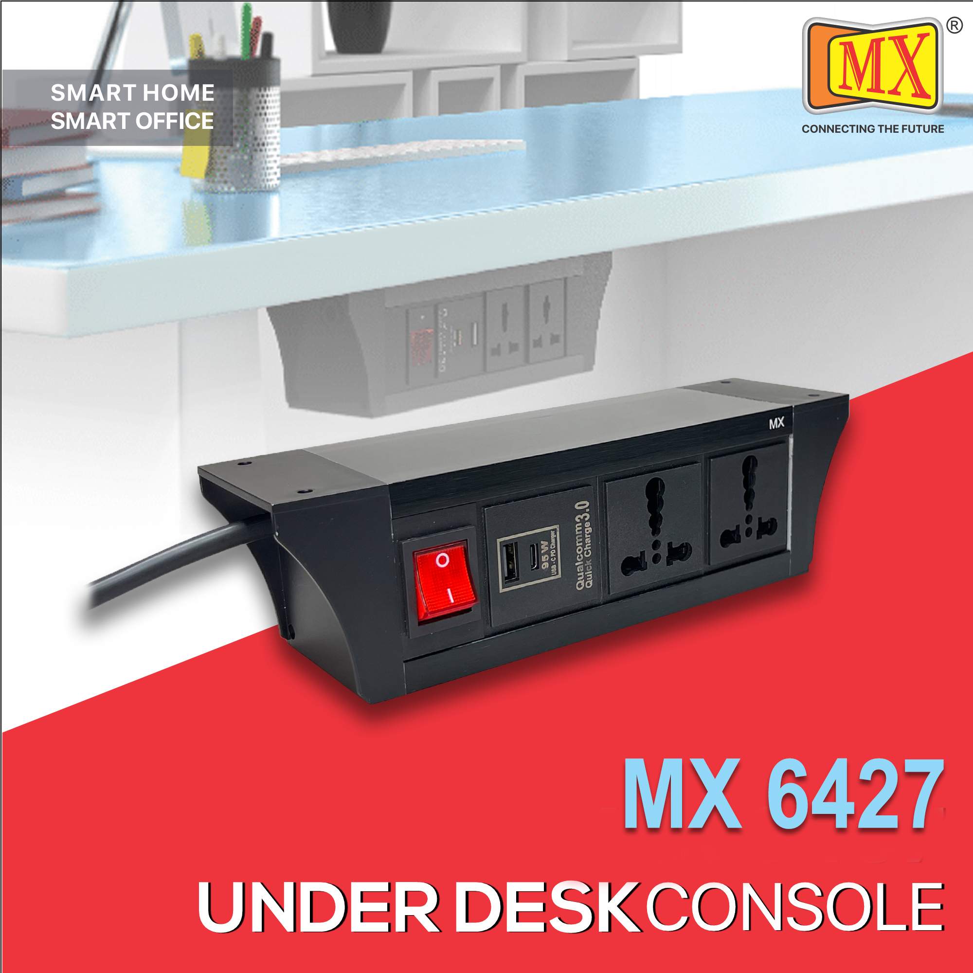 MX PDU Under table 6/16 Amps 2 Universal Socket | 2 USB (2.4 Amp) with 95W PD Charger | Dual Pole LED Indicator Switch | 16 Amps Heavy Duty Cord 10 Meter with ISI Marked, Aluminium Body Material(MX 6427-10M Black)