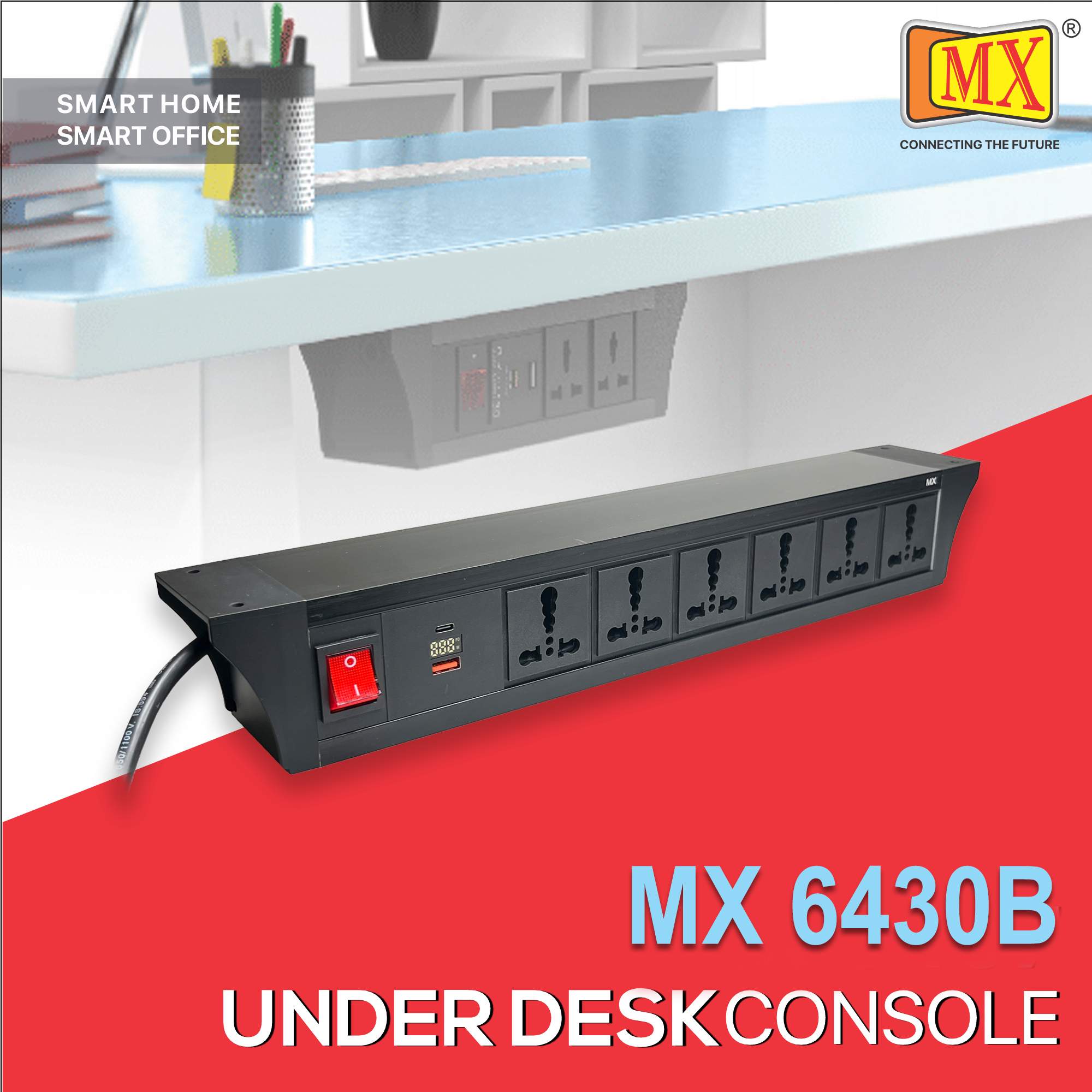 MX PDU Under table 6/16 Amps 6 Universal Socket | 2 USB (2.4 Amp) with 30W PD Charger With Display | Dual Pole LED Indicator Switch | 16 Amps Heavy Duty Cord 10 Meter with ISI Marked, Aluminium Body Material(MX 6430B-10M Black)