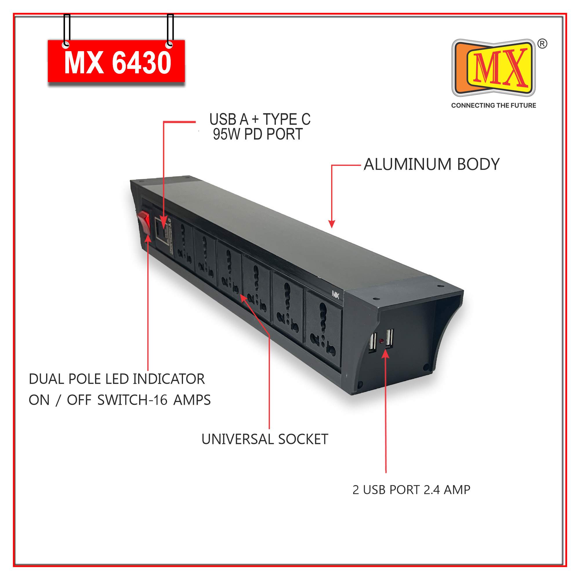 MX PDU Under table 6/16 Amps 6 Universal Socket | 2 USB (2.4 Amp) with 95W PD Charger | Dual Pole LED Indicator Switch | 16 Amps Heavy Duty Cord 1.5 Meter with ISI Marked, Aluminium Body Material(MX 6430-1.5M Black)