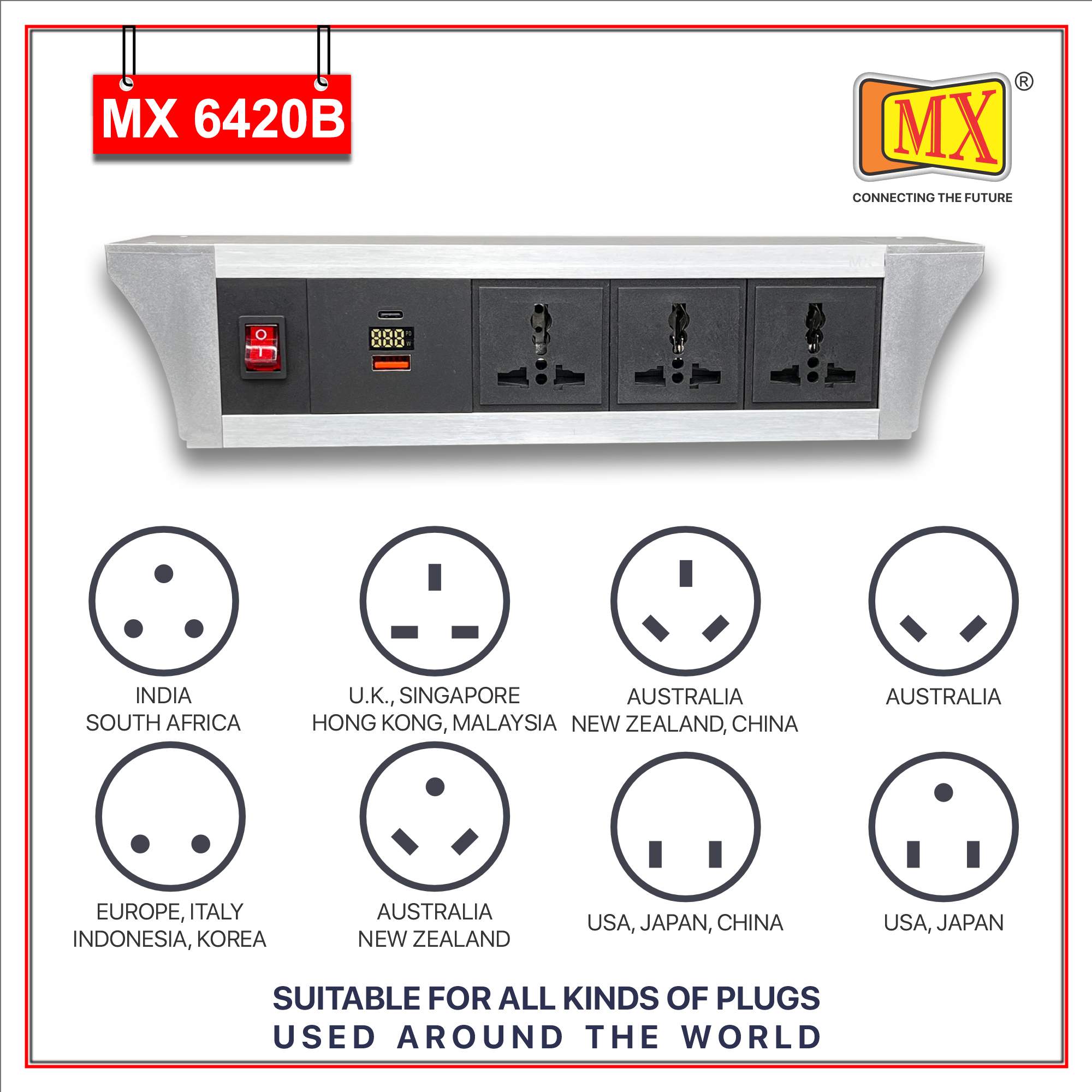 MX PDU Under table 6/13 Amps 3 Universal Socket | 2 USB (2.4 Amp) with 30W PD Charger With Display | Dual Pole LED Indicator Switch | 6 Amps Heavy Duty Cord 5 Meter with ISI Marked, Aluminium Body Material(MX 6420B-5M Silver)