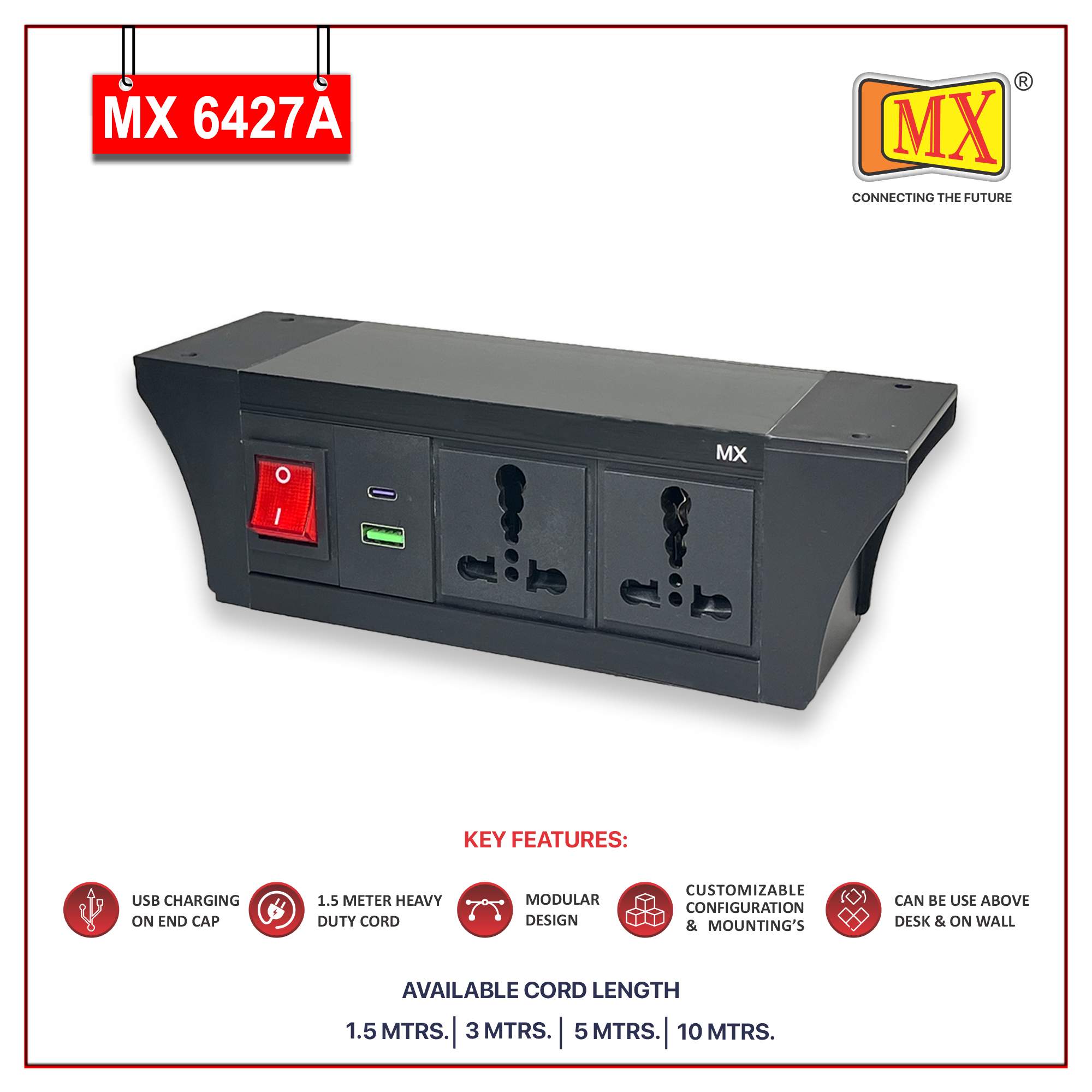 MX PDU Under table 6/16 Amps 2 Universal Socket | 2 USB (2.4 Amp) with 30W PD Charger | Dual Pole LED Indicator Switch | 16 Amps Heavy Duty Cord 5 Meter with ISI Marked, Aluminium Body Material(MX 6427A-5M Black)
