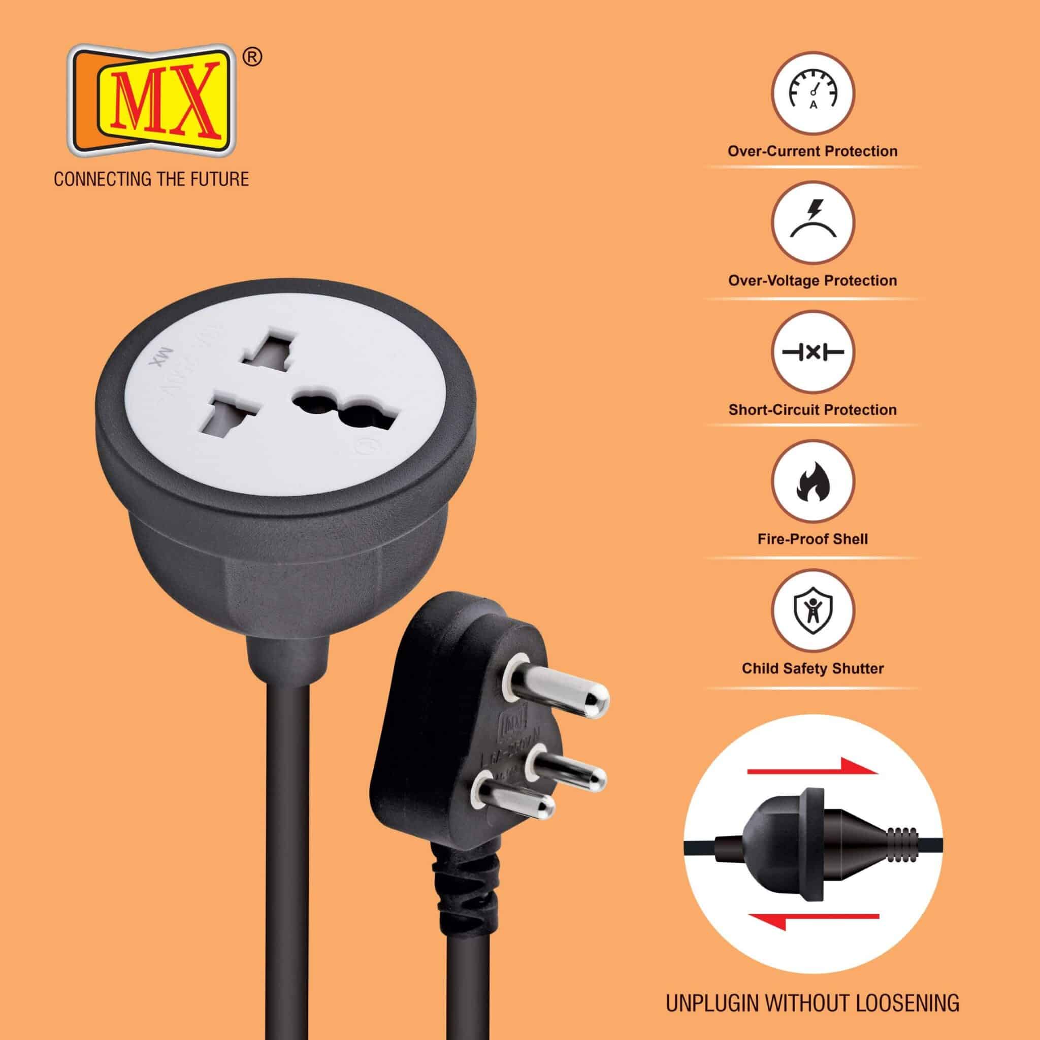 MX Extension Board with 3M Heavy Duty Long Wire Cord, Single Outlet Socket 2500W 10A Expandable Electric Extension, 3 Pin Plug with Surge Protection & Child Safety Shutter, Black for home appliances like electric cooktop & Stove