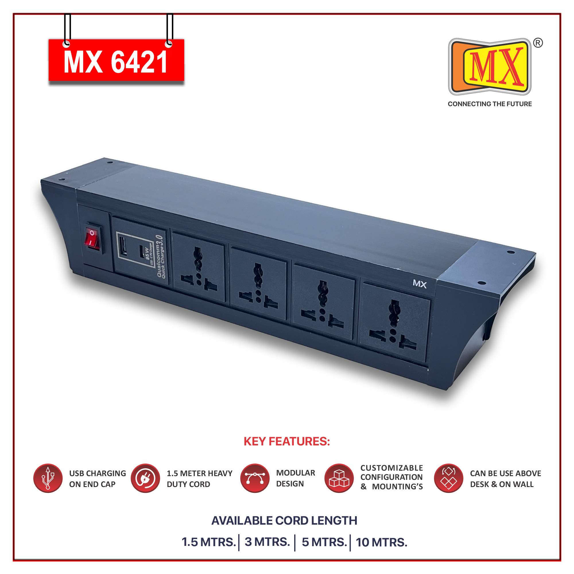 MX PDU Under table 6/13 Amps 4 Universal Socket | 2 USB (2.4 Amp) with 95W PD Charger | Dual Pole LED Indicator Switch | 6 Amps Heavy Duty Cord 5 Meter with ISI Marked, Aluminium Body Material(MX 6421-5M Black)
