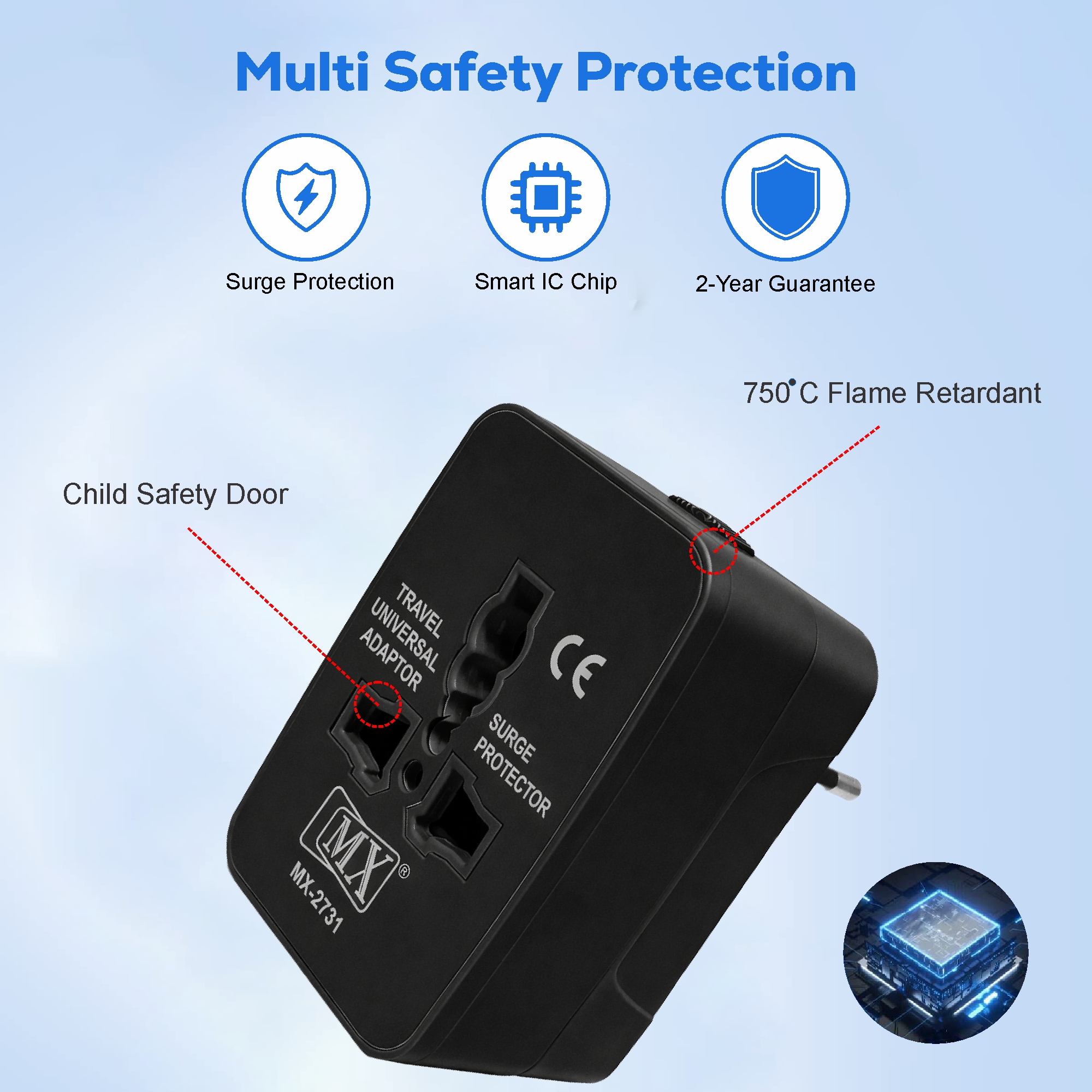 MX Universal Travel Adapter, Worldwide All over 150 International Countries with LED & Child Safety Shutter-Universal Socket Compatible in UK, Europe, USA, Australia, China, Japan & Thailand (Black)