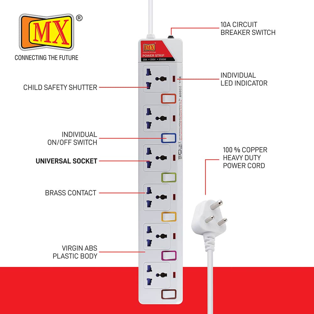 MX 6 Outlet Power Strip with Universal Socket & LED Indicator Individual Color Switch with Circuit Breaker Protection Spike Guard Extension Board with Child Safety Shutter, 5 Meter for home appliances like electric cooktop & Stove