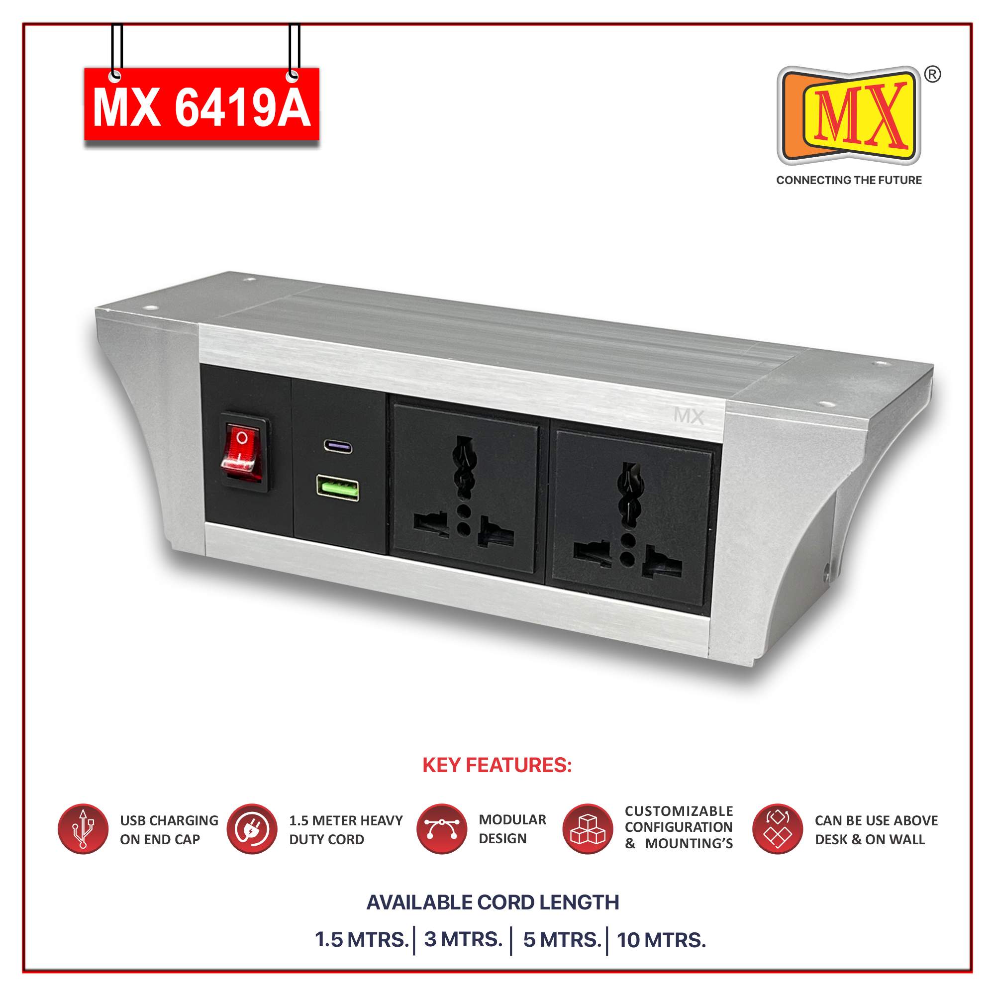 MX PDU Under table 6/13 Amps 2 Universal Socket | 2 USB (2.4 Amp) with 30W PD Charger | Dual Pole LED Indicator Switch | 6 Amps Heavy Duty Cord 1.5 Meter with ISI Marked, Aluminium Body Material(MX 6419A-1.5M Silver)