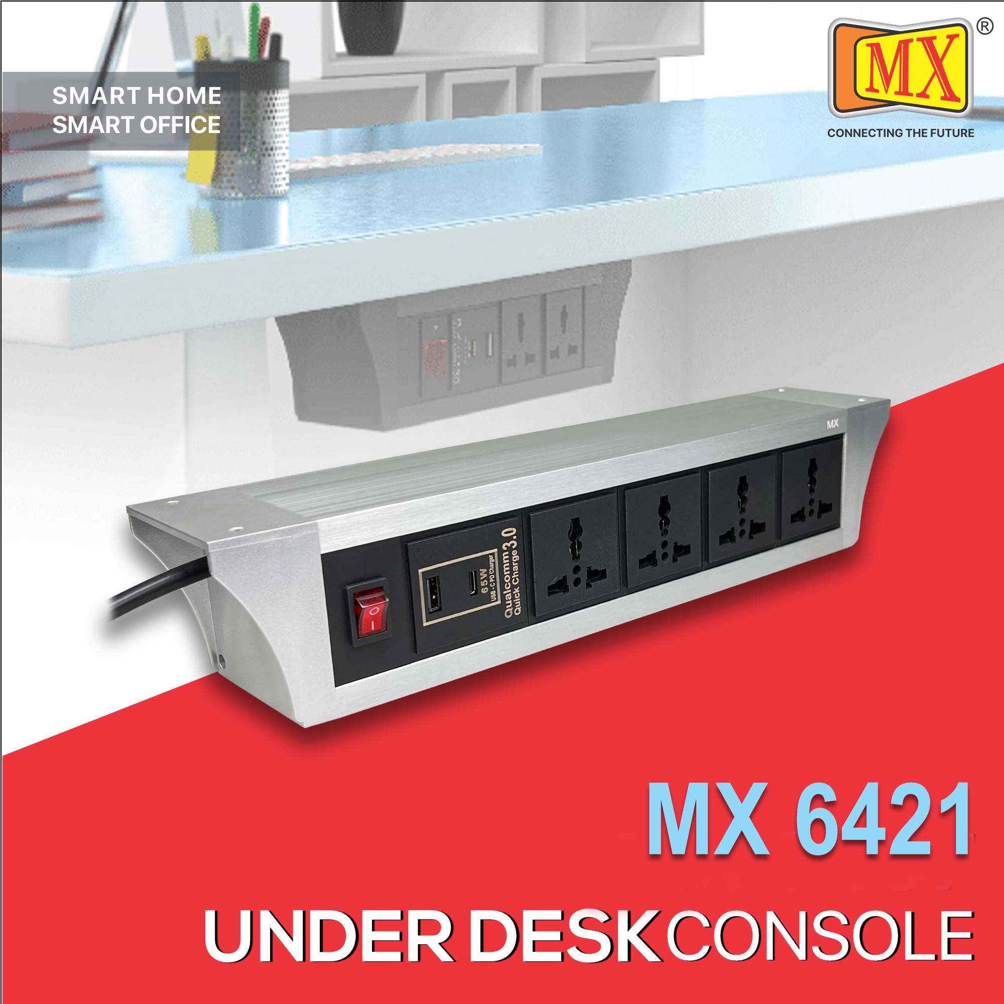 MX PDU Under table 6/13 Amps 4 Universal Socket | 2 USB (2.4 Amp) with 95W PD Charger | Dual Pole LED Indicator Switch | 6 Amps Heavy Duty Cord 5 Meter with ISI Marked, Aluminium Body Material(MX 6421-5M Silver)