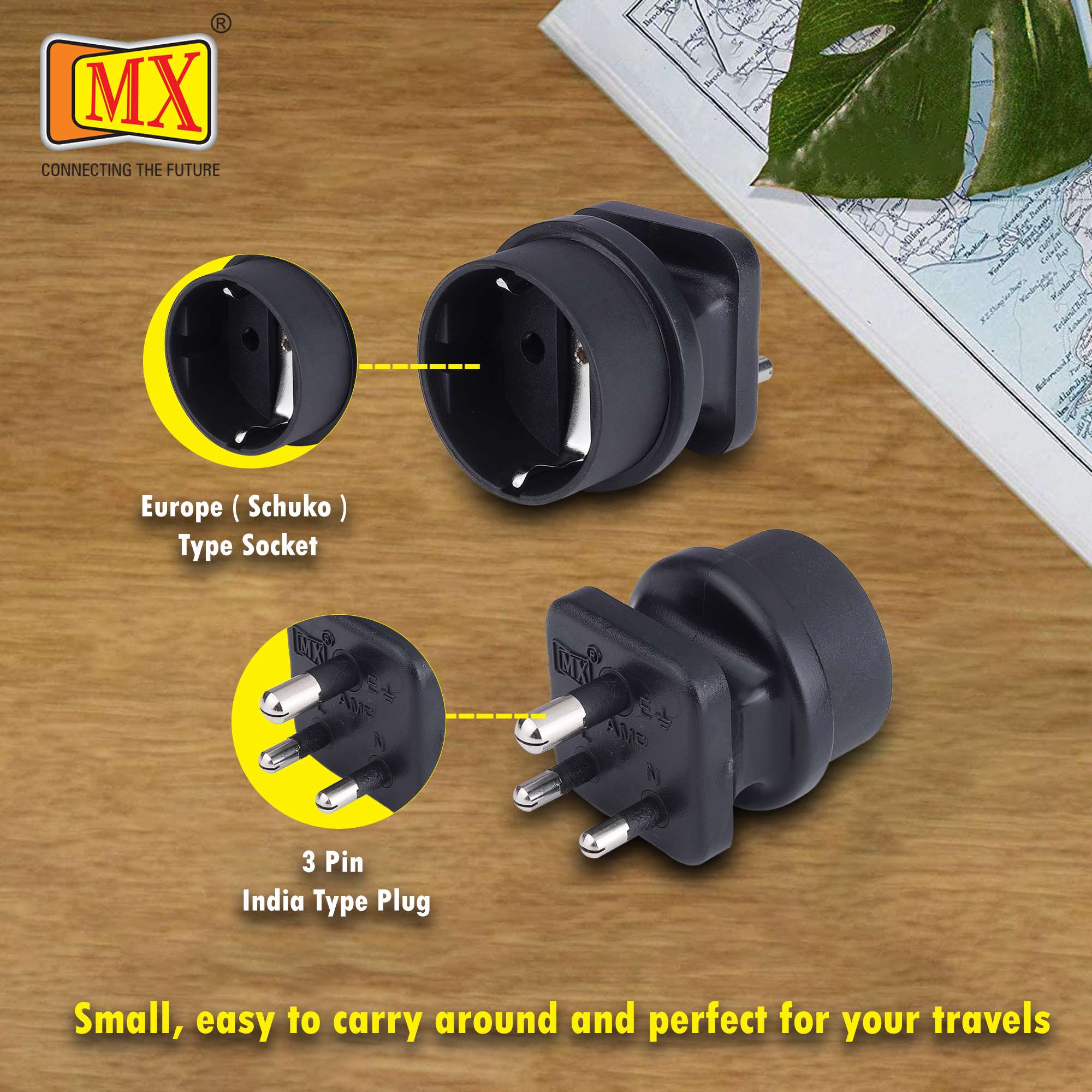 MX European (Schuko) to India Plug Adapter 15 Amp- Convert European Type E/F Input to India Type M Three Prong Output Connection, Black Pack of 2