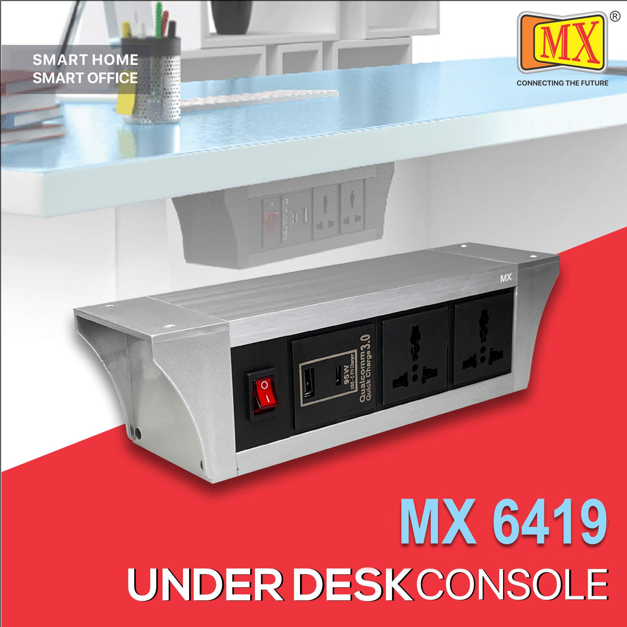 MX PDU Under table 6/13 Amps 2 Universal Socket | 2 USB (2.4 Amp) with 95W PD Charger | Dual Pole LED Indicator Switch | 6 Amps Heavy Duty Cord 3 Meter with ISI Marked, Aluminium Body Material(MX 6419-3M Silver)