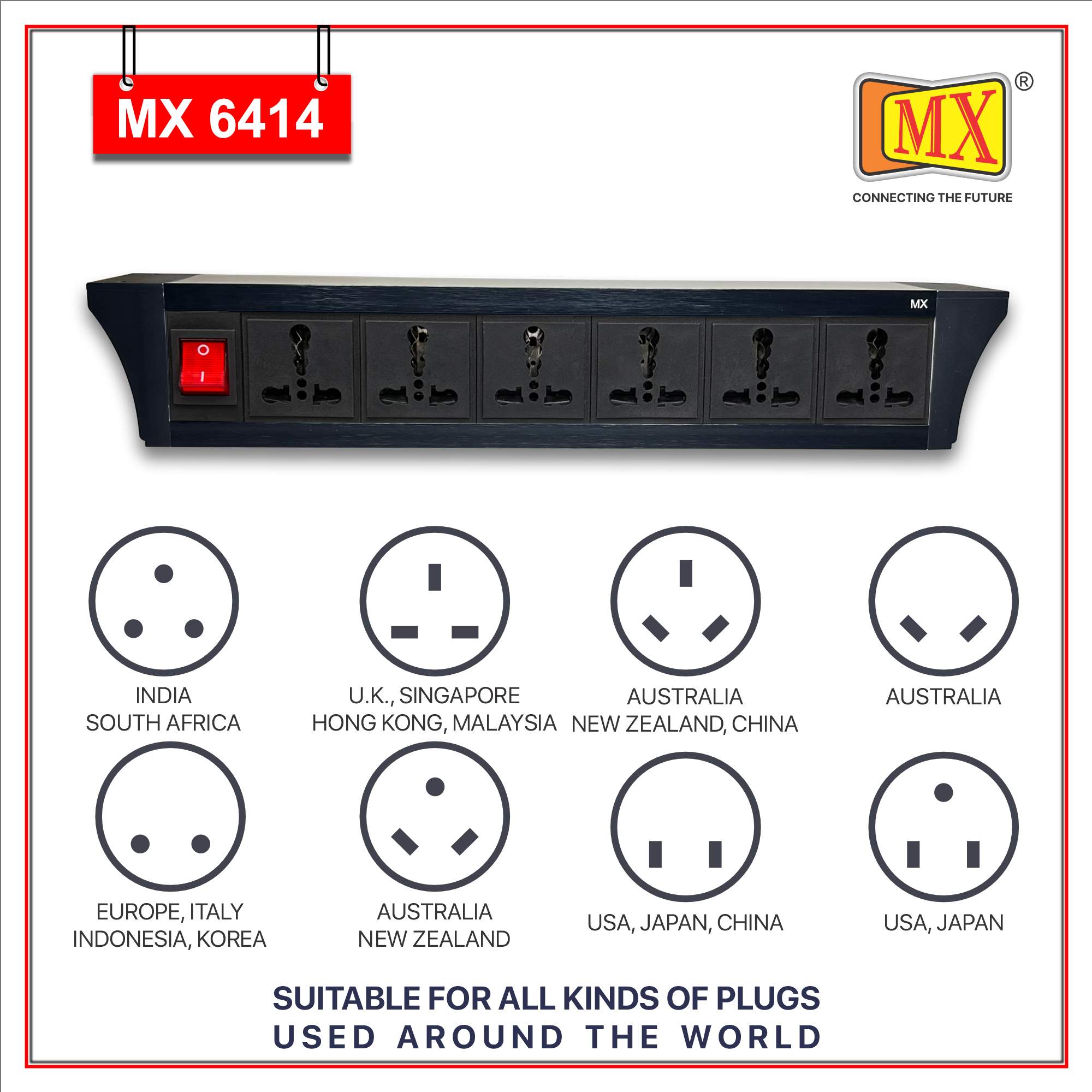 MX PDU Under table 6/16 Amps 6 Universal Socket | 2 USB (2.4 Amp) with Dual Pole LED Indicator Switch | 16 Amps Heavy Duty Cord 3 Meter with ISI Marked, Aluminium Body Material(MX 6414-3M Black)