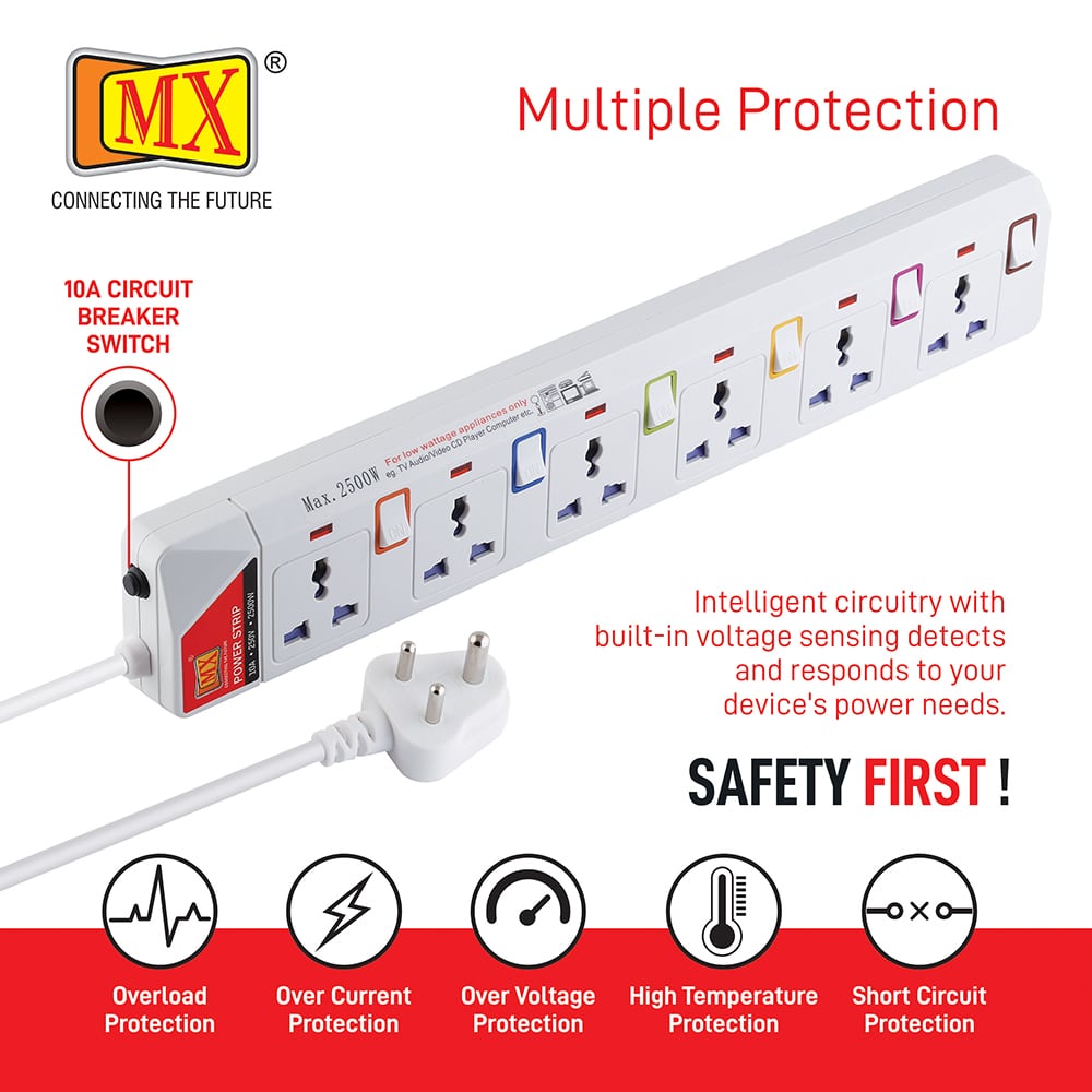 MX 6 Outlet Power Strip with Universal Socket & LED Indicator Individual Color Switch with Circuit Breaker Protection Spike Guard Extension Board with Child Safety Shutter, 1.5 Meter for home appliances like electric cooktop & Stove