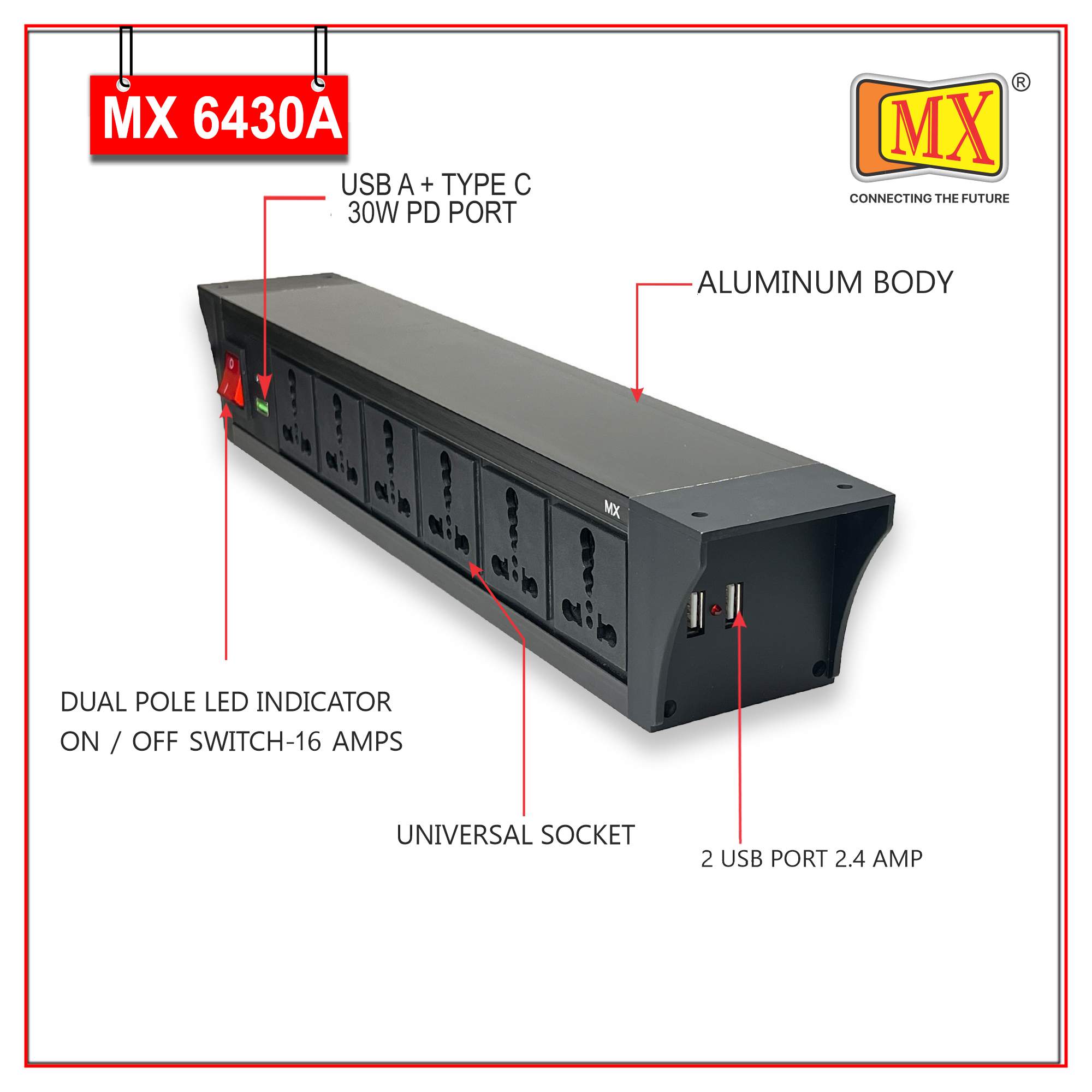 MX PDU Under table 6/16 Amps 6 Universal Socket | 2 USB (2.4 Amp) with 30W PD Charger | Dual Pole LED Indicator Switch | 16 Amps Heavy Duty Cord 10 Meter with ISI Marked, Aluminium Body Material(MX 6430A-10M Black)