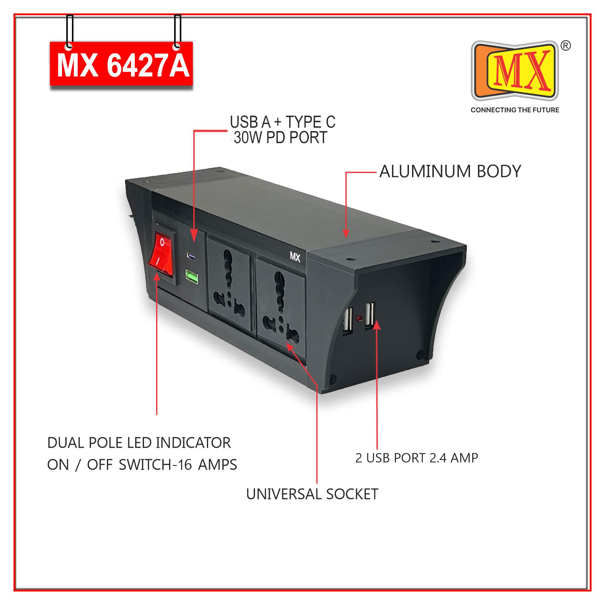 MX PDU Under table 6/16 Amps 2 Universal Socket | 2 USB (2.4 Amp) with 30W PD Charger | Dual Pole LED Indicator Switch | 16 Amps Heavy Duty Cord 3 Meter with ISI Marked, Aluminium Body Material(MX 6427A-3M Black)
