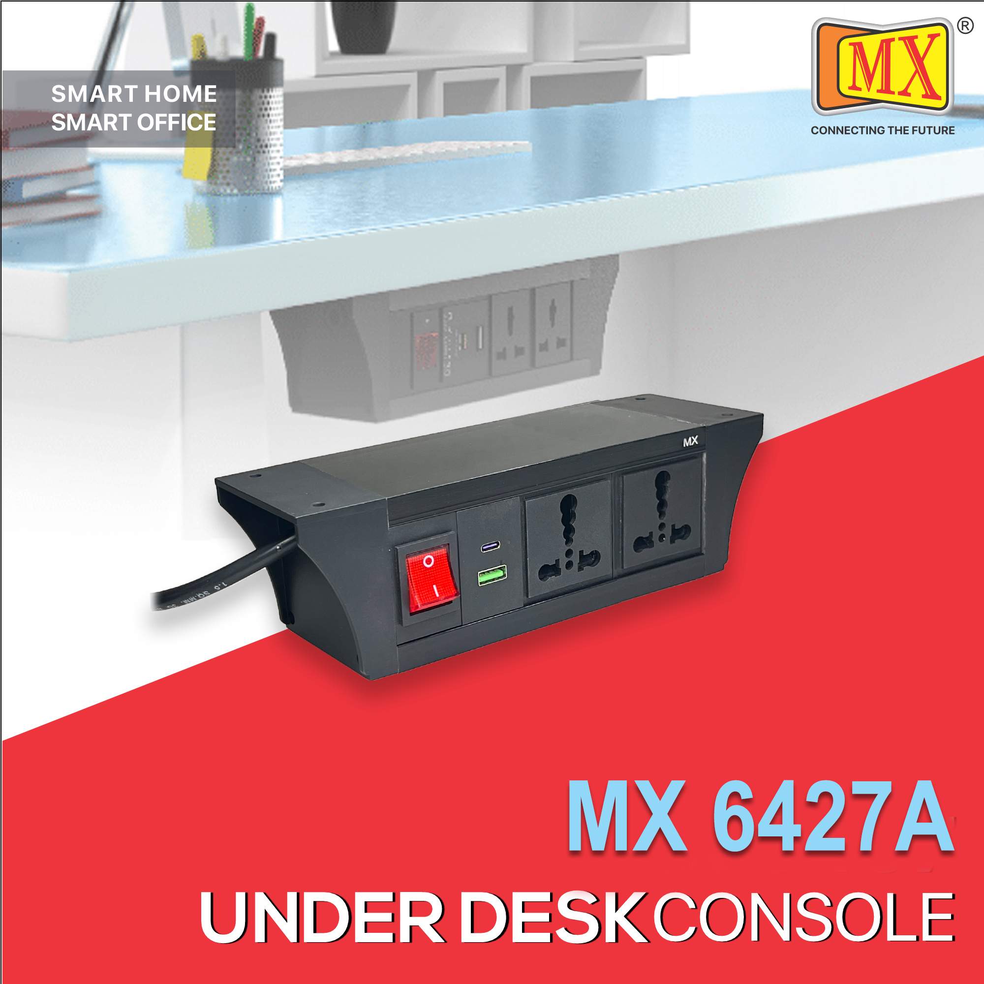 MX PDU Under table 6/16 Amps 2 Universal Socket | 2 USB (2.4 Amp) with 30W PD Charger | Dual Pole LED Indicator Switch | 16 Amps Heavy Duty Cord 1.5 Meter with ISI Marked, Aluminium Body Material(MX 6427A-1.5M Black)