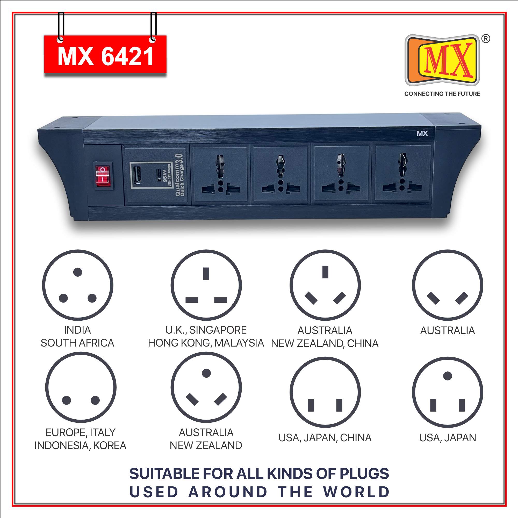 MX PDU Under table 6/13 Amps 4 Universal Socket | 2 USB (2.4 Amp) with 95W PD Charger | Dual Pole LED Indicator Switch | 6 Amps Heavy Duty Cord 5 Meter with ISI Marked, Aluminium Body Material(MX 6421-5M Black)