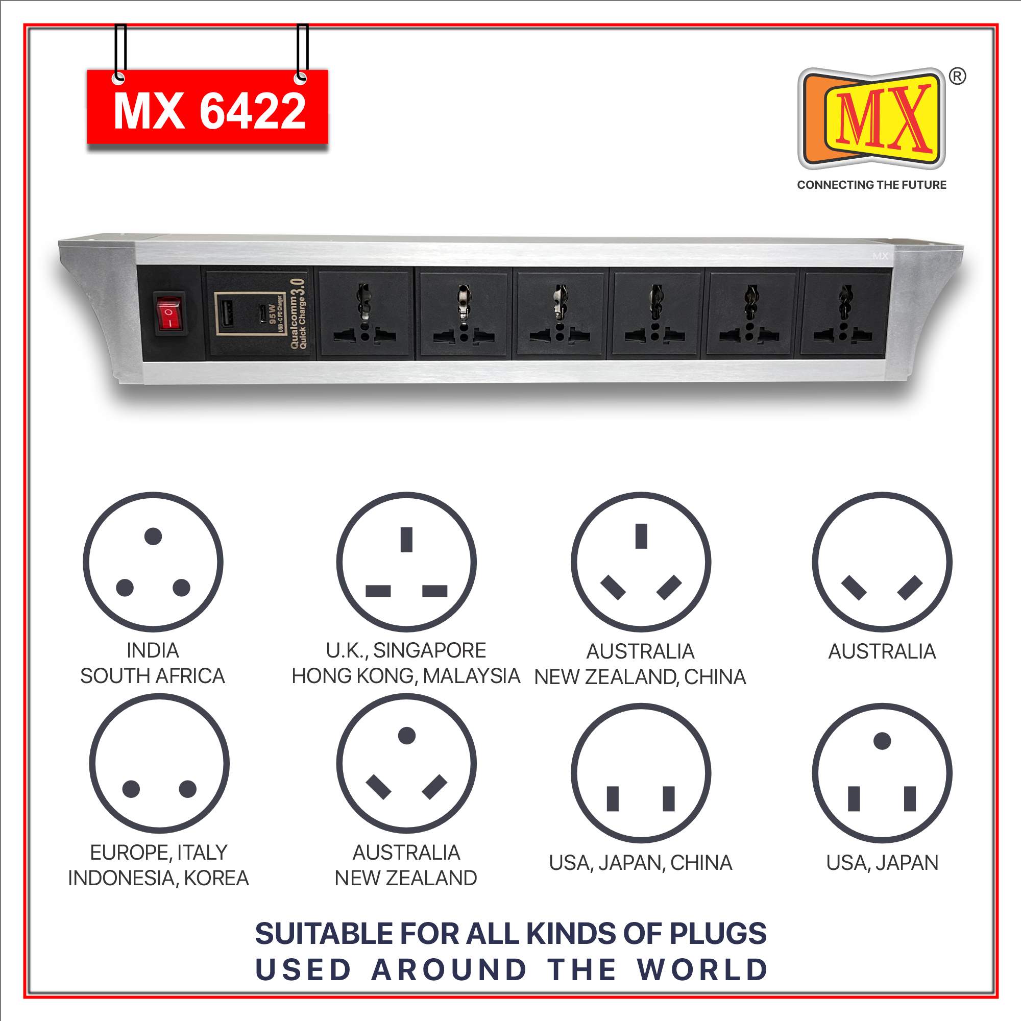 MX PDU Under table 6/13 Amps 6 Universal Socket | 2 USB (2.4 Amp) with 95W PD Charger | Dual Pole LED Indicator Switch | 6 Amps Heavy Duty Cord 3 Meter with ISI Marked, Aluminium Body Material(MX 6422-3M Silver)