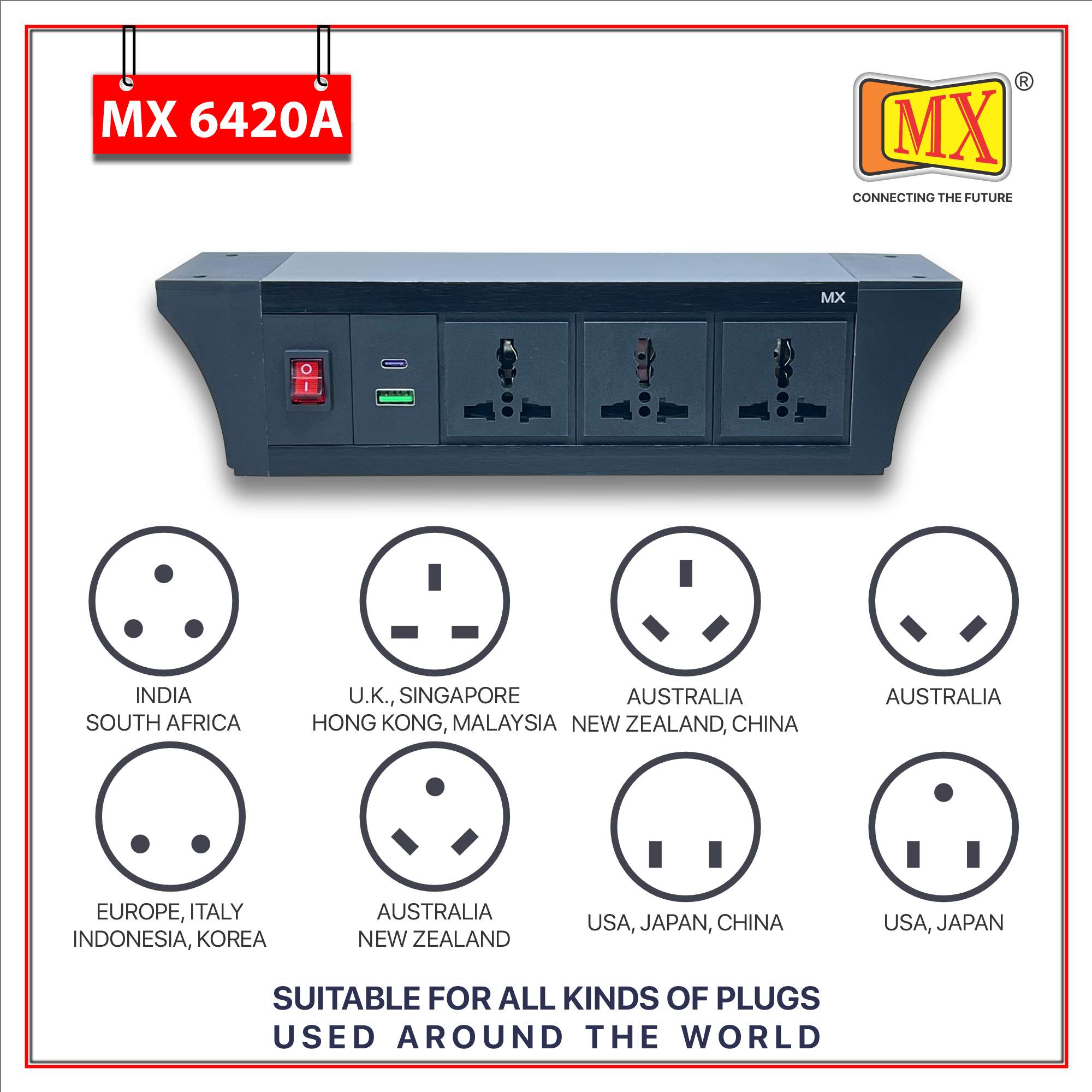 MX PDU Under table 6/13 Amps 3 Universal Socket | 2 USB (2.4 Amp) with 30W PD Charger | Dual Pole LED Indicator Switch | 6 Amps Heavy Duty Cord 3 Meter with ISI Marked, Aluminium Body Material(MX 6420A-3M Black)