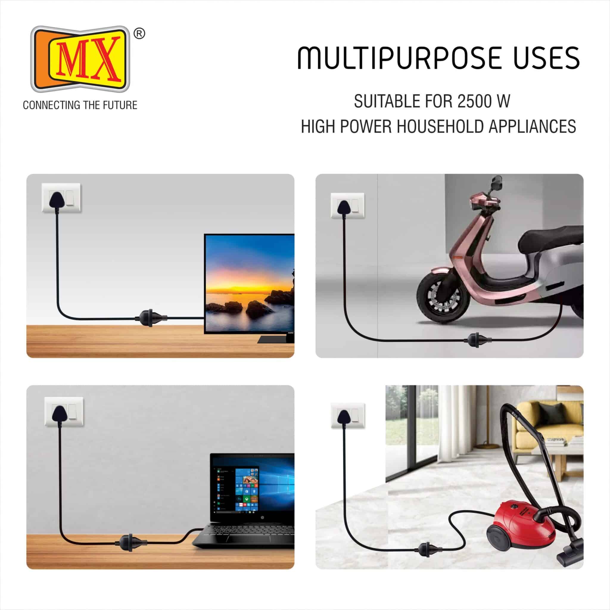 MX Extension Board with 5M Heavy Duty Long Wire Cord, Single Outlet Socket 2500W 10A Expandable Electric Extension, 3 Pin Plug with Surge Protection &amp; Child Safety Shutter, Black for home appliances like electric cooktop & Stove