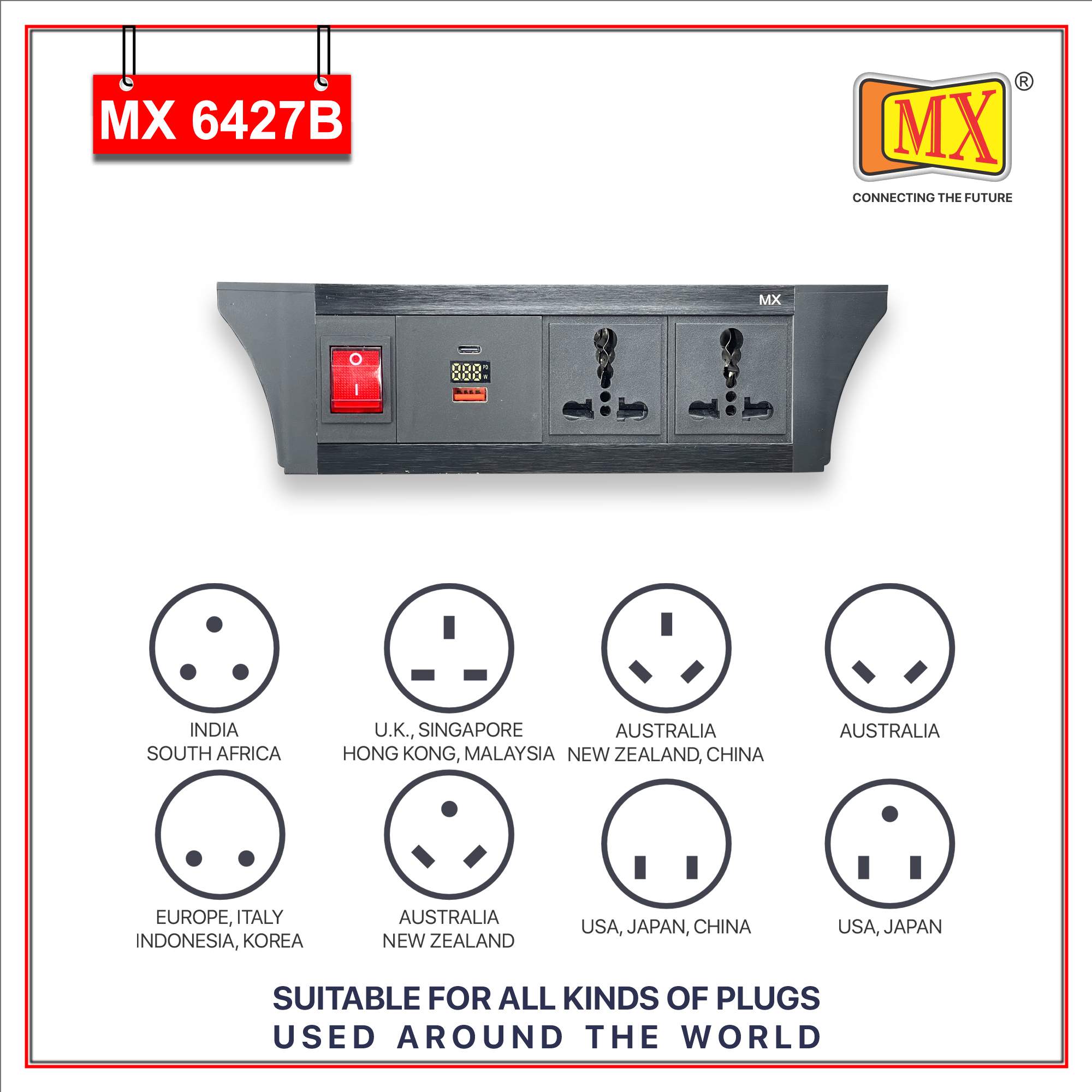 MX PDU Under table 6/16 Amps 2 Universal Socket | 2 USB (2.4 Amp) with 30W PD Charger With Display | Dual Pole LED Indicator Switch | 16 Amps Heavy Duty Cord 10 Meter with ISI Marked, Aluminium Body Material(MX 6427B-10M Black)