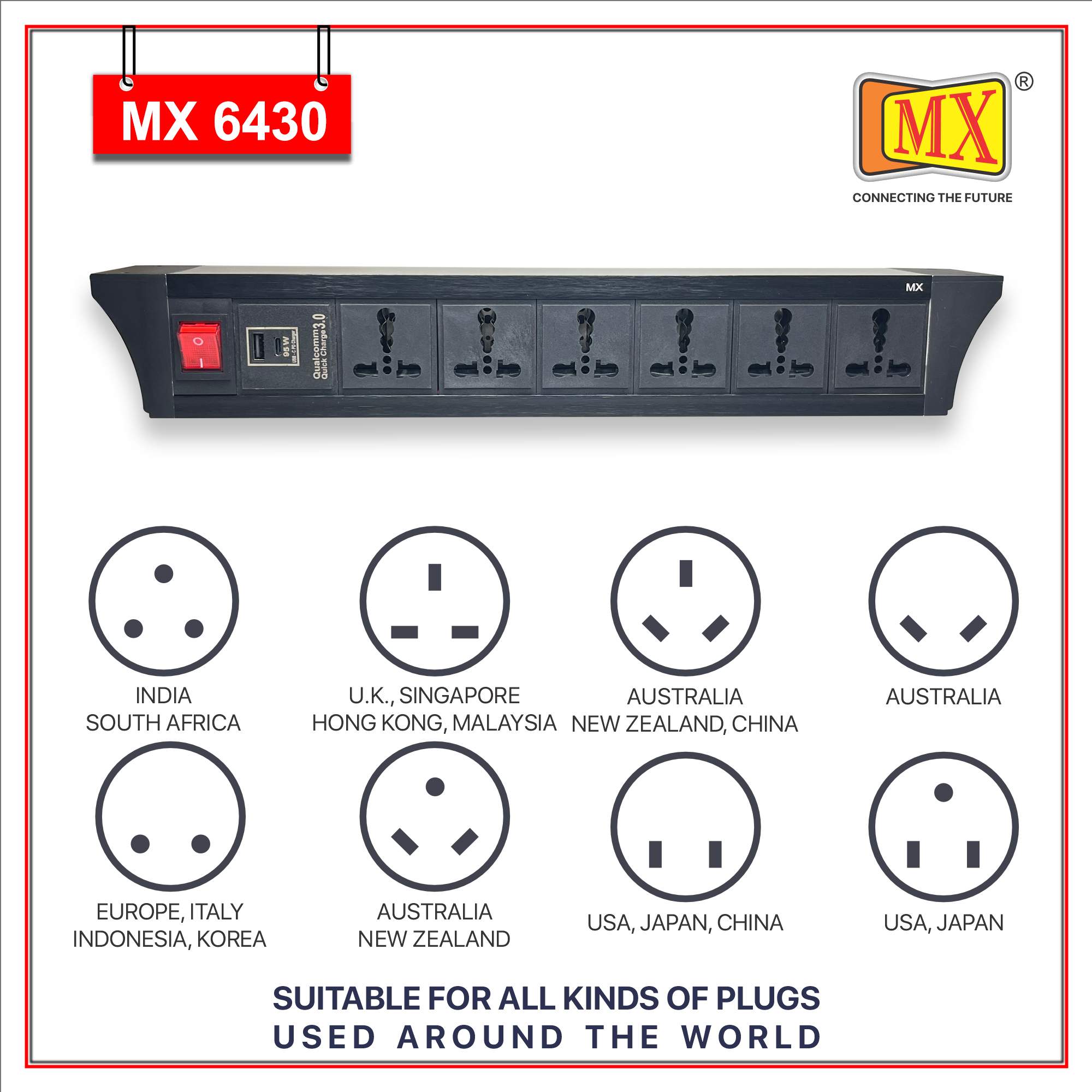 MX PDU Under table 6/16 Amps 6 Universal Socket | 2 USB (2.4 Amp) with 95W PD Charger | Dual Pole LED Indicator Switch | 16 Amps Heavy Duty Cord 5 Meter with ISI Marked, Aluminium Body Material(MX 6430-5M Black)