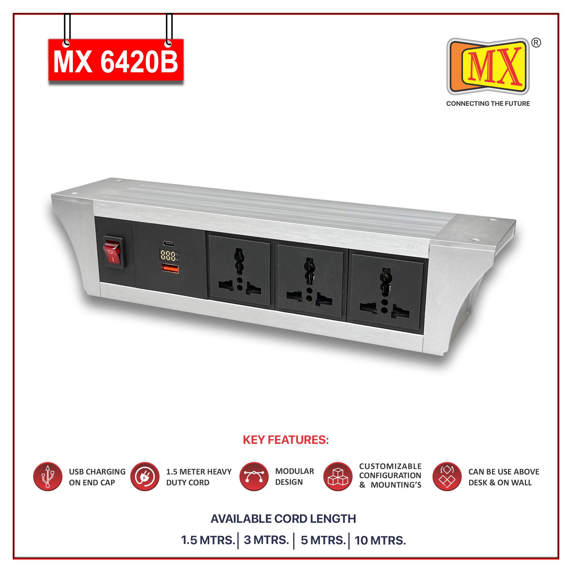 MX PDU Under table 6/13 Amps 3 Universal Socket | 2 USB (2.4 Amp) with 30W PD Charger With Display | Dual Pole LED Indicator Switch | 6 Amps Heavy Duty Cord 5 Meter with ISI Marked, Aluminium Body Material(MX 6420B-5M Silver)