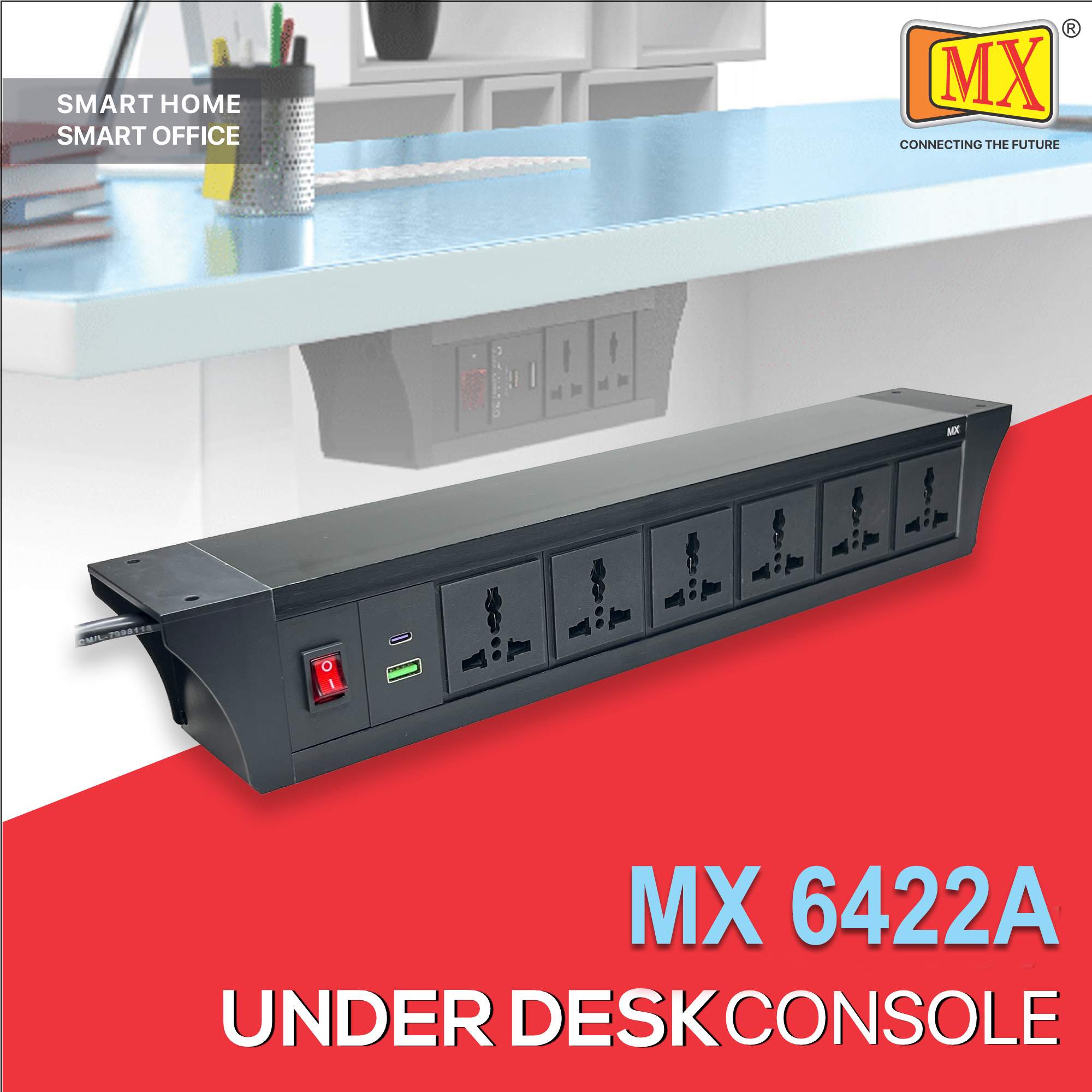 MX PDU Under table 6/13 Amps 6 Universal Socket | 2 USB (2.4 Amp) with 30W PD Charger | Dual Pole LED Indicator Switch | 6 Amps Heavy Duty Cord 5 Meter with ISI Marked, Aluminium Body Material(MX 6422A-5M Black)