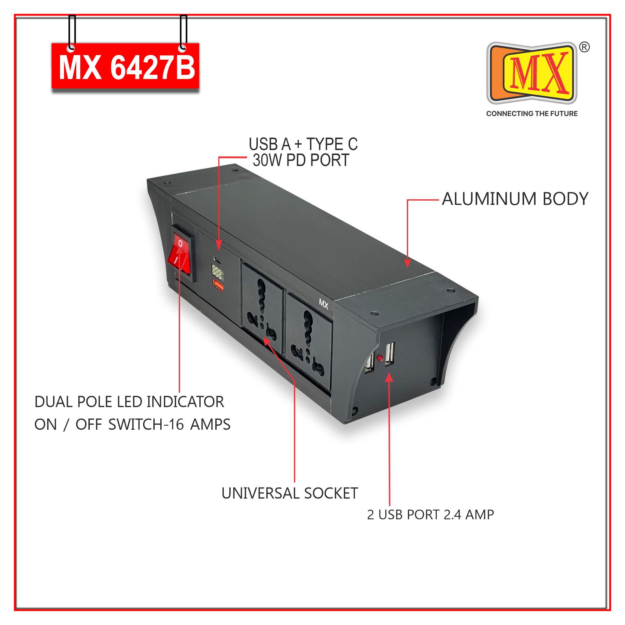 MX PDU Under table 6/16 Amps 2 Universal Socket | 2 USB (2.4 Amp) with 30W PD Charger With Display  | Dual Pole LED Indicator Switch | 16 Amps Heavy Duty Cord 1.5 Meter with ISI Marked, Aluminium Body Material(MX 6427B-1.5M Black)