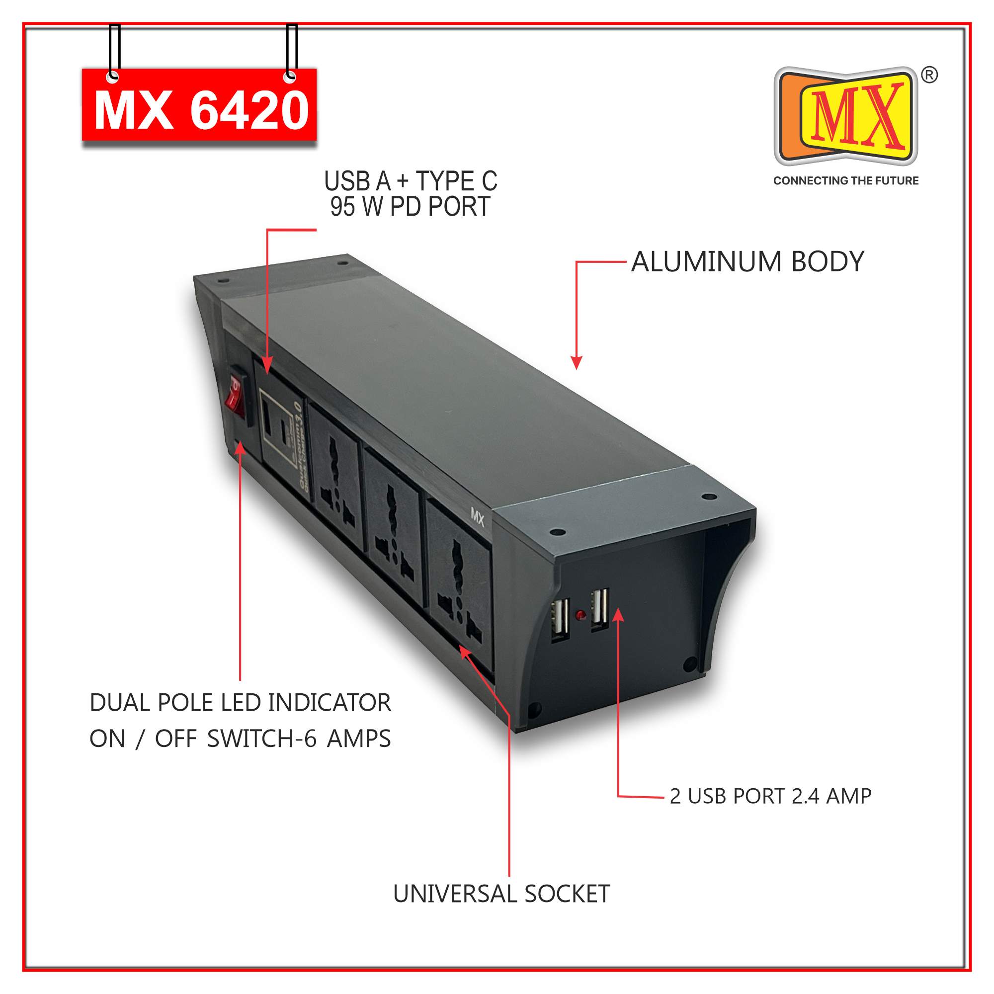 MX PDU Under table 6/13 Amps 3 Universal Socket | 2 USB (2.4 Amp) with 95W PD Charger | Dual Pole LED Indicator Switch | 6 Amps Heavy Duty Cord 1.5 Meter with ISI Marked, Aluminium Body Material(MX 6420-1.5M Black)