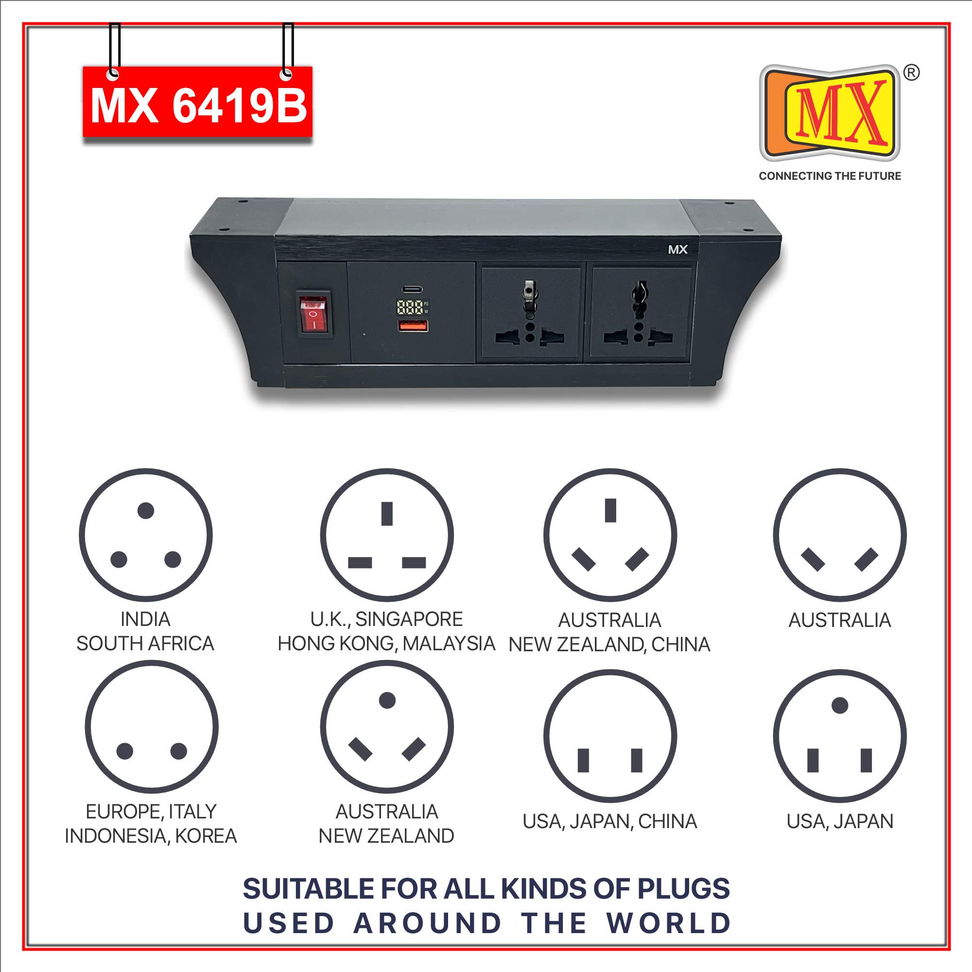 MX PDU Under table 6/13 Amps 2 Universal Socket | 2 USB (2.4 Amp) with 30W PD Charger With Display | Dual Pole LED Indicator Switch | 6 Amps Heavy Duty Cord 10 Meter with ISI Marked, Aluminium Body Material(MX 6419B-10M Black)