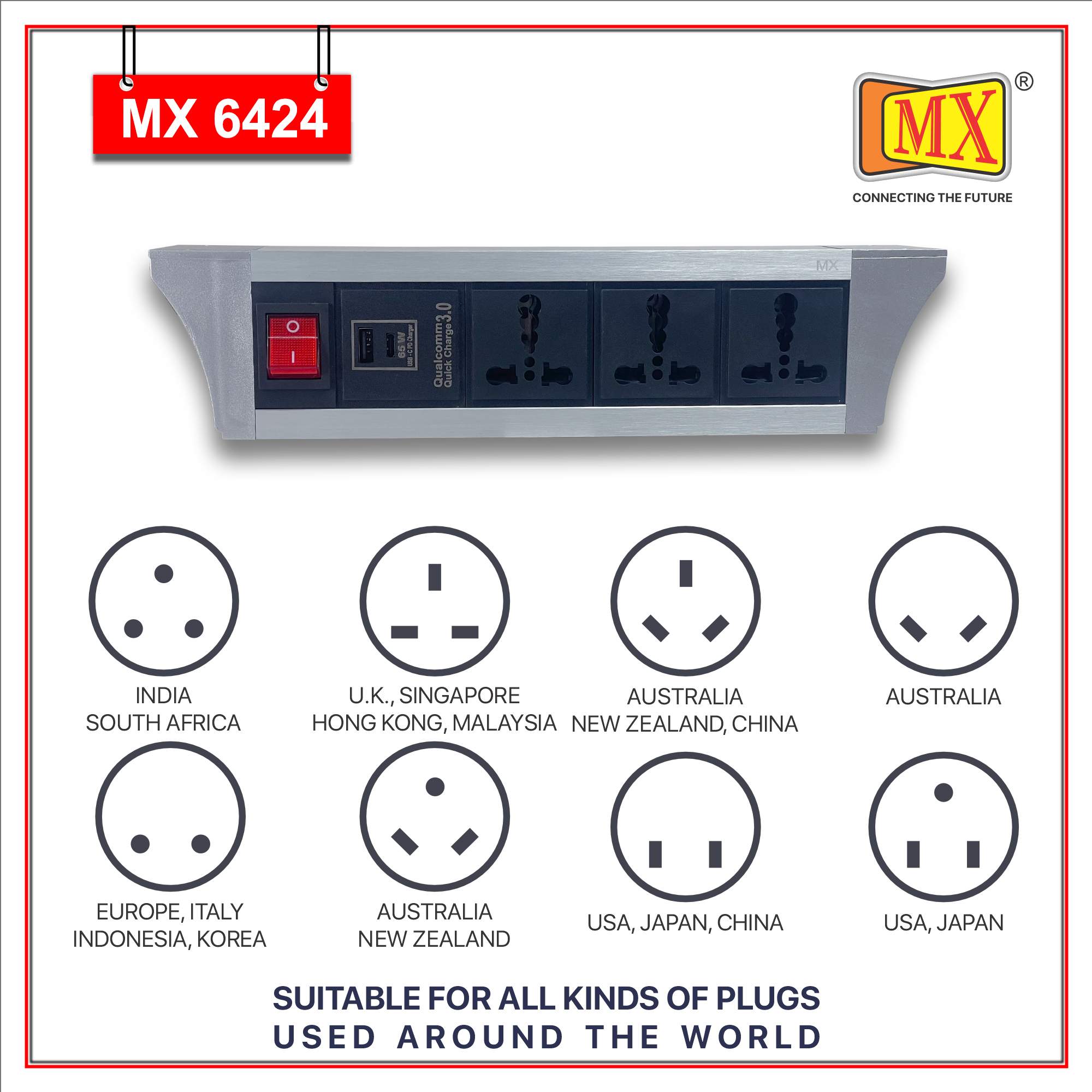 MX PDU Under table 6/16 Amps 3 Universal Socket | 2 USB (2.4 Amp) with 65W PD Charger | Dual Pole LED Indicator Switch | 16 Amps Heavy Duty Cord 1.5 Meter with ISI Marked, Aluminium Body Material(MX 6424-1.5M Silver)