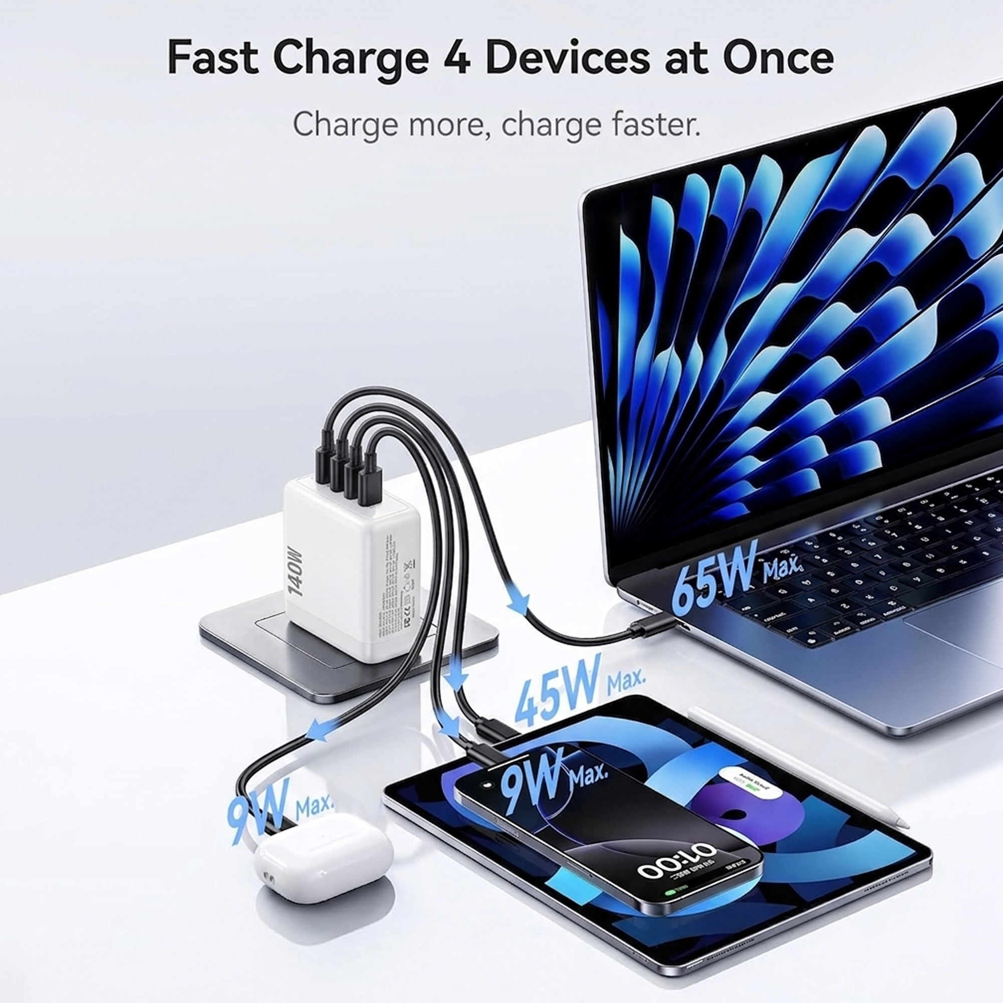 MX 140W GaN USB-C Fast Charger, 4-Port PD 3.1 Charging Station with UK/EU/AU Plug Adapters, Compatible with MacBook Pro, iPad, iPhone 15/14/13, Samsung S24 Ultra & Other Laptops