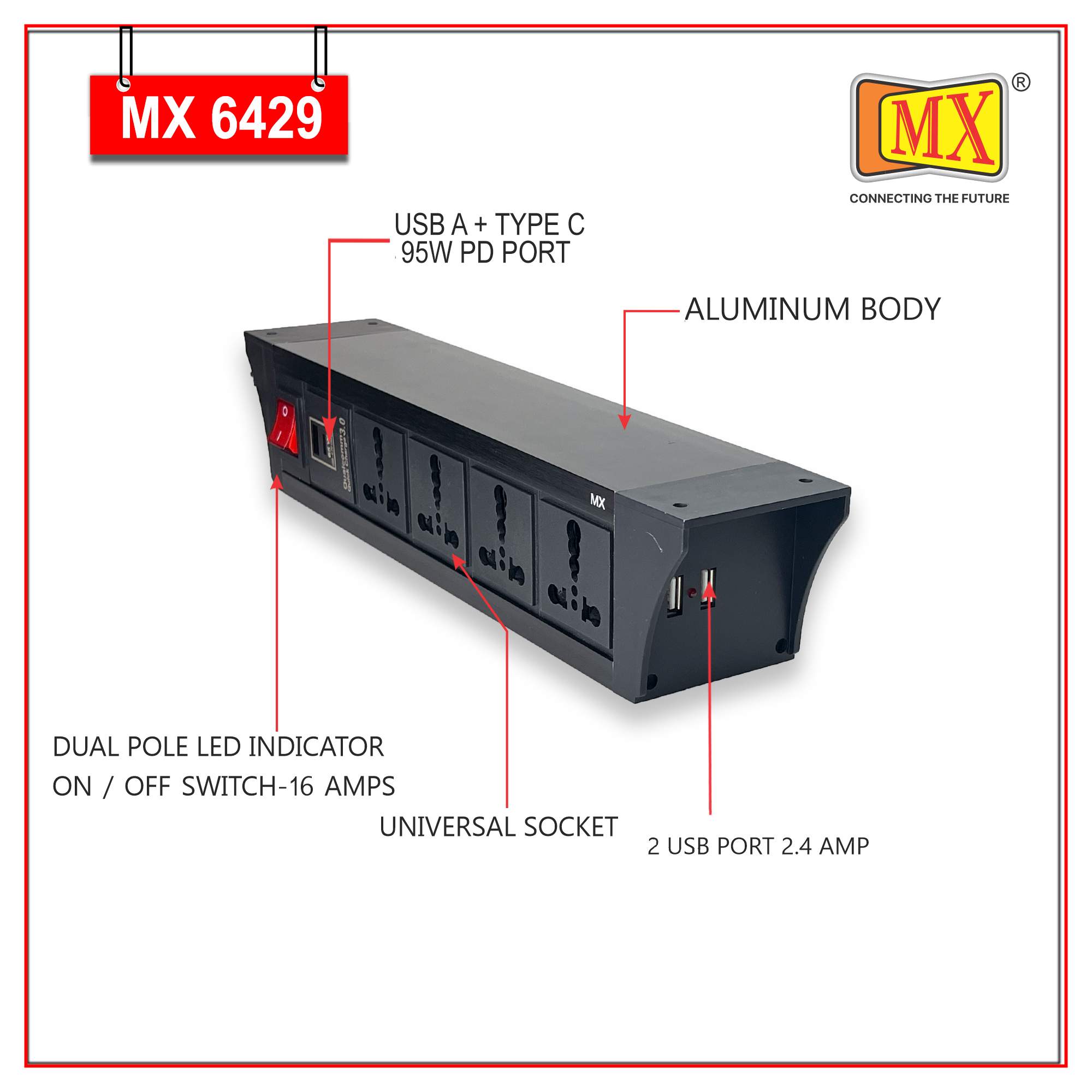 MX PDU Under table 6/16 Amps 4 Universal Socket | 2 USB (2.4 Amp) with 95W PD Charger | Dual Pole LED Indicator Switch | 16 Amps Heavy Duty Cord 5 Meter with ISI Marked, Aluminium Body Material(MX 6429-5M Black)