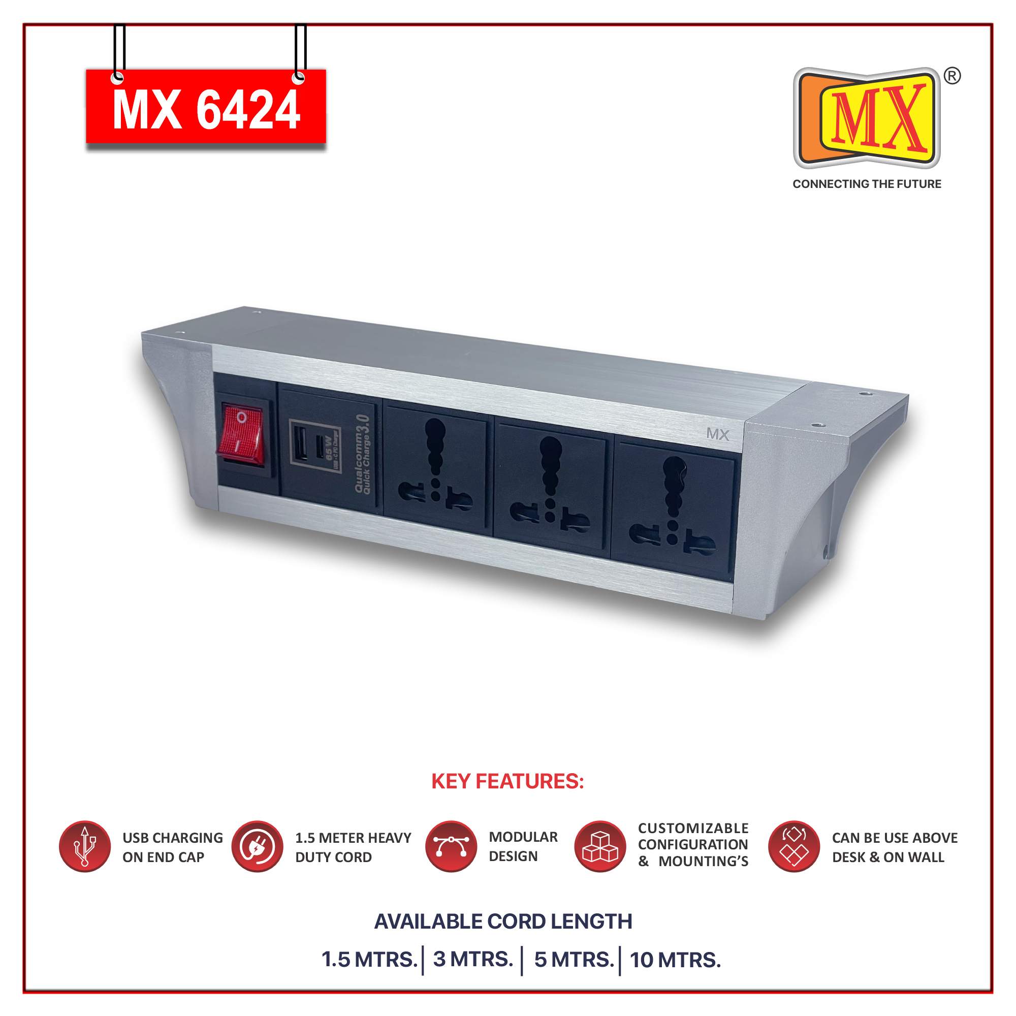 MX PDU Under table 6/16 Amps 3 Universal Socket | 2 USB (2.4 Amp) with 65W PD Charger | Dual Pole LED Indicator Switch | 16 Amps Heavy Duty Cord 10 Meter with ISI Marked, Aluminium Body Material(MX 6424-10M Silver)