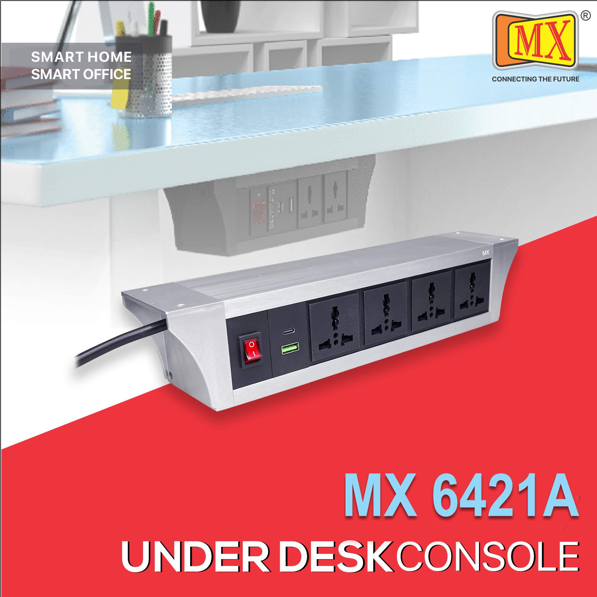 MX PDU Under table 6/13 Amps 4 Universal Socket | 2 USB (2.4 Amp) with 30W PD Charger | Dual Pole LED Indicator Switch | 6 Amps Heavy Duty Cord 3 Meter with ISI Marked, Aluminium Body Material(MX 6421A-3M Silver)