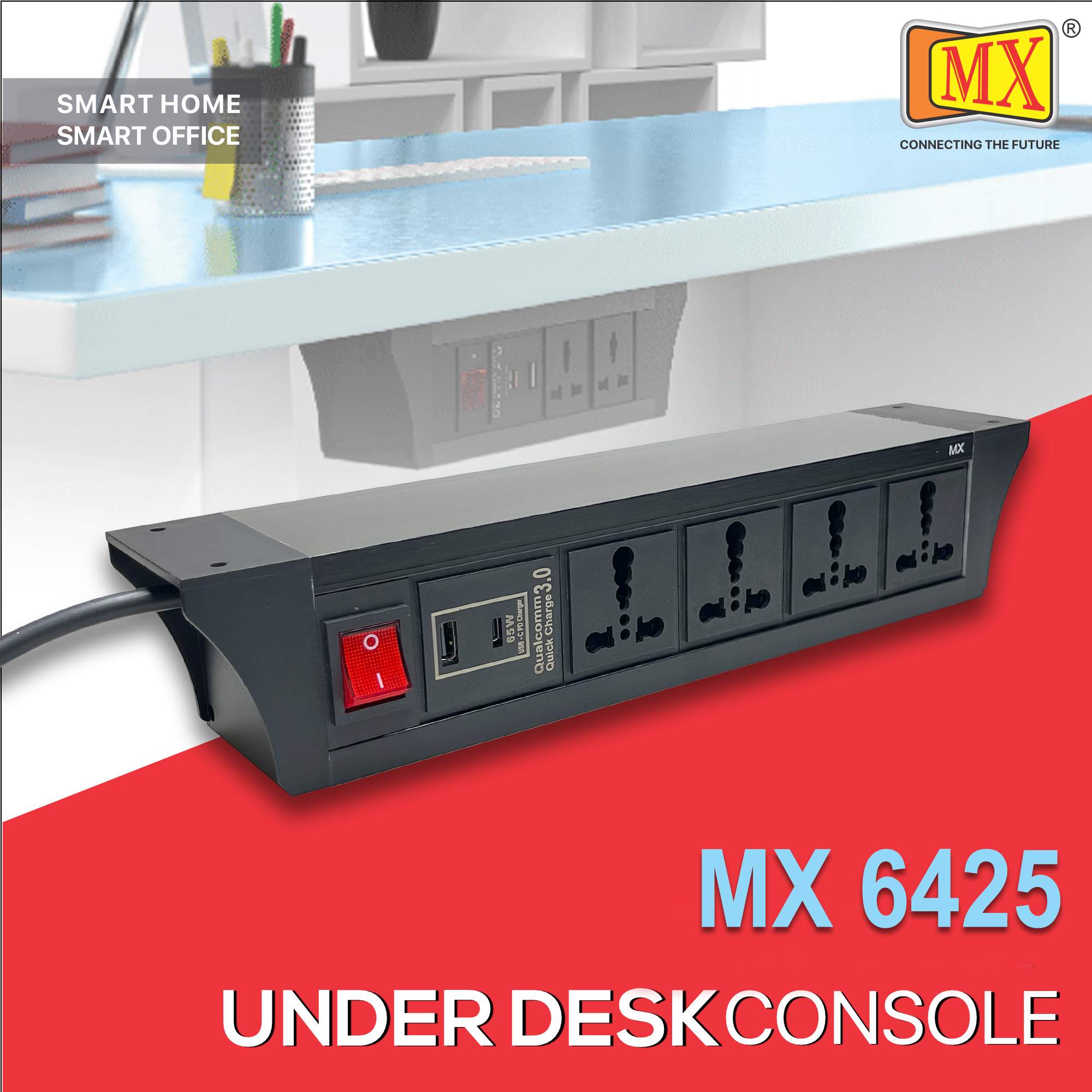 MX PDU Under table 6/16 Amps 4 Universal Socket | 2 USB (2.4 Amp) with 65W PD Charger | Dual Pole LED Indicator Switch | 16 Amps Heavy Duty Cord 10 Meter with ISI Marked, Aluminium Body Material(MX 6425-10M Black)