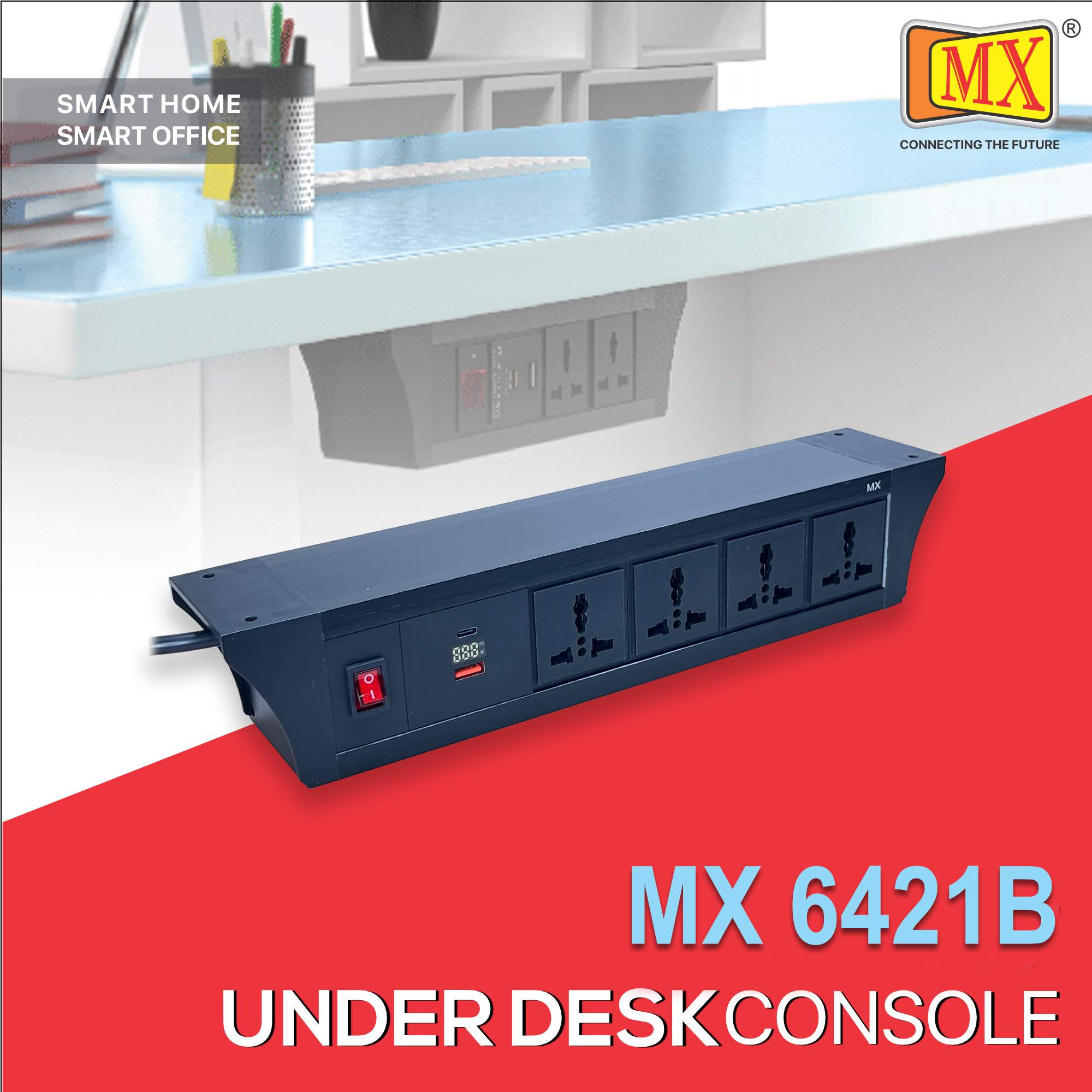 MX PDU Under table 6/13 Amps 4 Universal Socket | 2 USB (2.4 Amp) with 30W PD Charger With Display | Dual Pole LED Indicator Switch | 6 Amps Heavy Duty Cord 10 Meter with ISI Marked, Aluminium Body Material(MX 6421B-10M Black)
