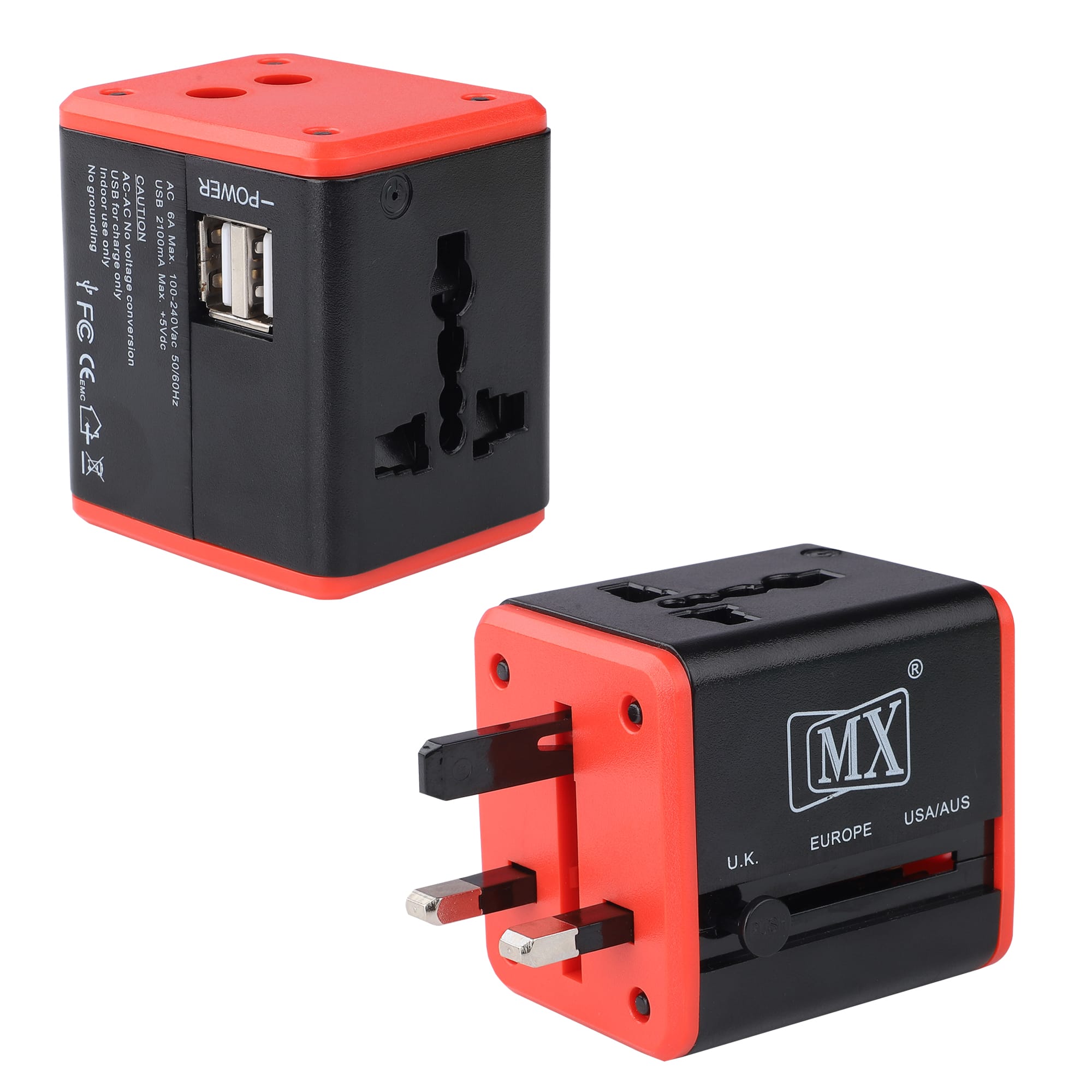 MX 4 in 1 Universal Travel Adapter with 2 USB Ports, Built-in Fuse & Surge Protector, International Conversion Plug Used Worldwide with Multi Type Power Outlet USB 2.1A, 100-250V,  (MX-4024) (Pack of 2)