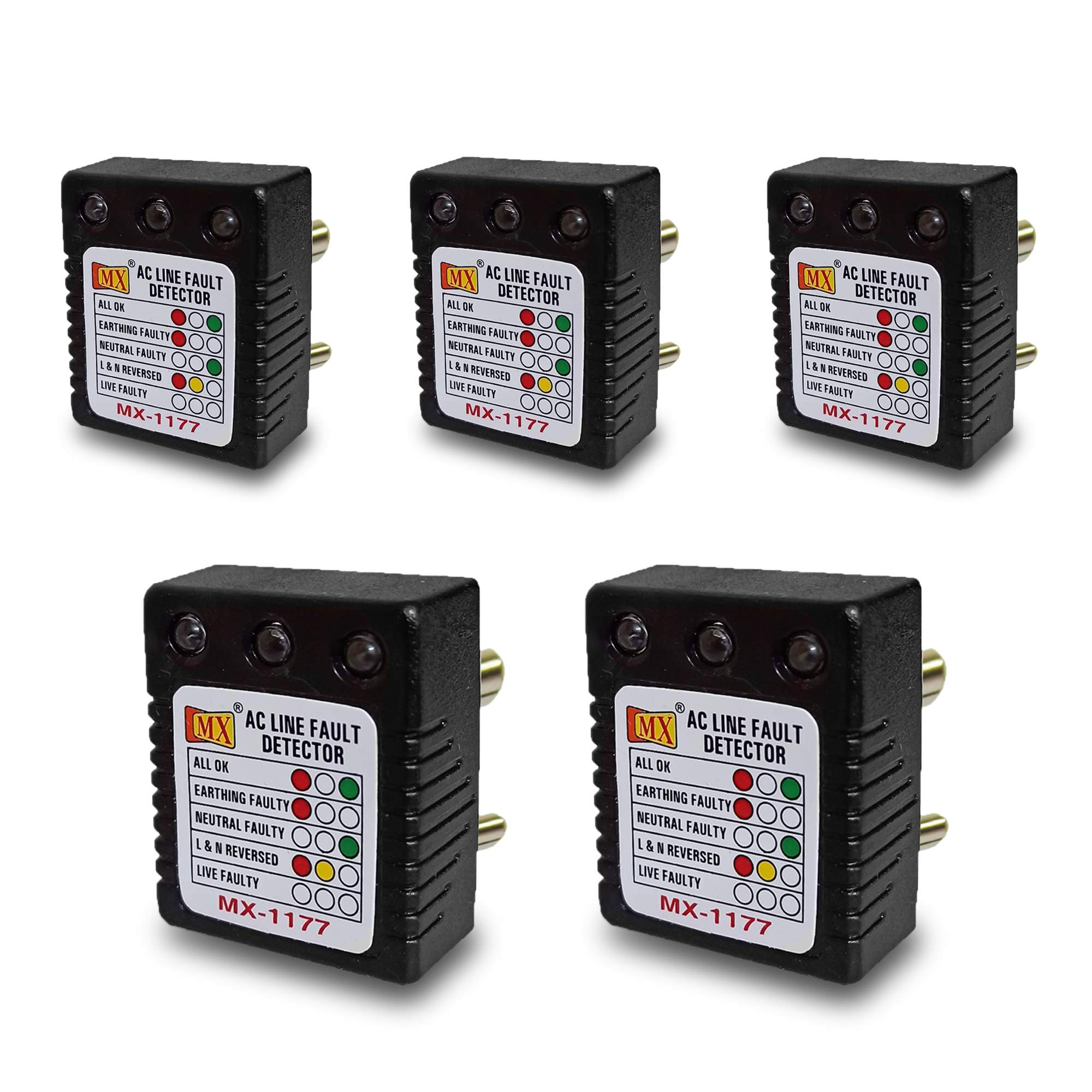 MX AC Electrical Line Fault Detector 5 AMP 3 Pin AC Socket Tester with Automatic Earthing & Neutral Faulty | L&N Reversed | Live Faulty Detector with RYG Led Indicator Wall Plug - Pack of 5