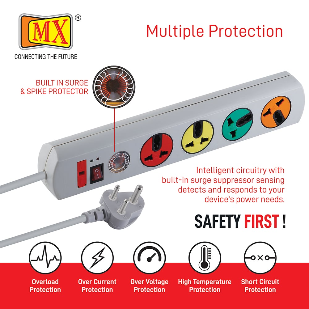 MX 4 Socket 180 Degree Rotatable  Surge & Spike Protector with 4 Universal Socket, Master Switch, Fuse, LED Indicator 3 mtr Cord Length for home appliances like electric cooktop & Stove