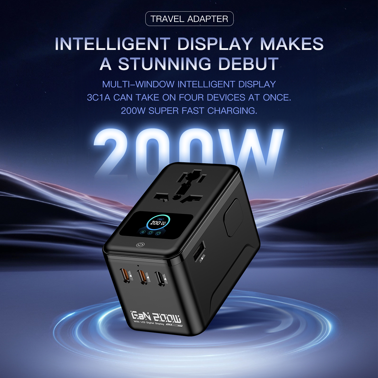 MX 200W GaN Universal Travel Adapter Smart LCD Display Fast Charging Station, Multi Device Charger, USB-C PD 100W International Plug Adapter for 200+ Countries | MacBook, iPhone, Samsung & Laptop