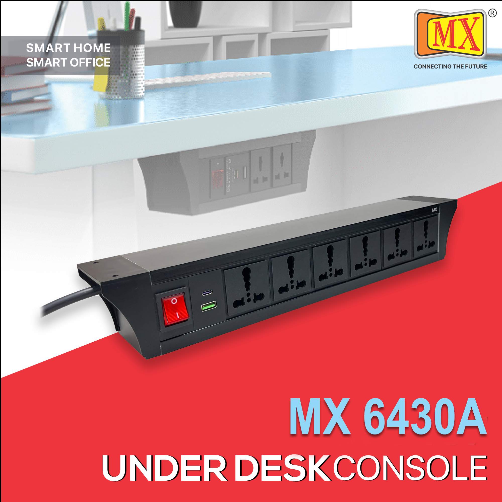 MX PDU Under table 6/16 Amps 6 Universal Socket | 2 USB (2.4 Amp) with 30W PD Charger | Dual Pole LED Indicator Switch | 16 Amps Heavy Duty Cord 5 Meter with ISI Marked, Aluminium Body Material(MX 6430A-5M Black)