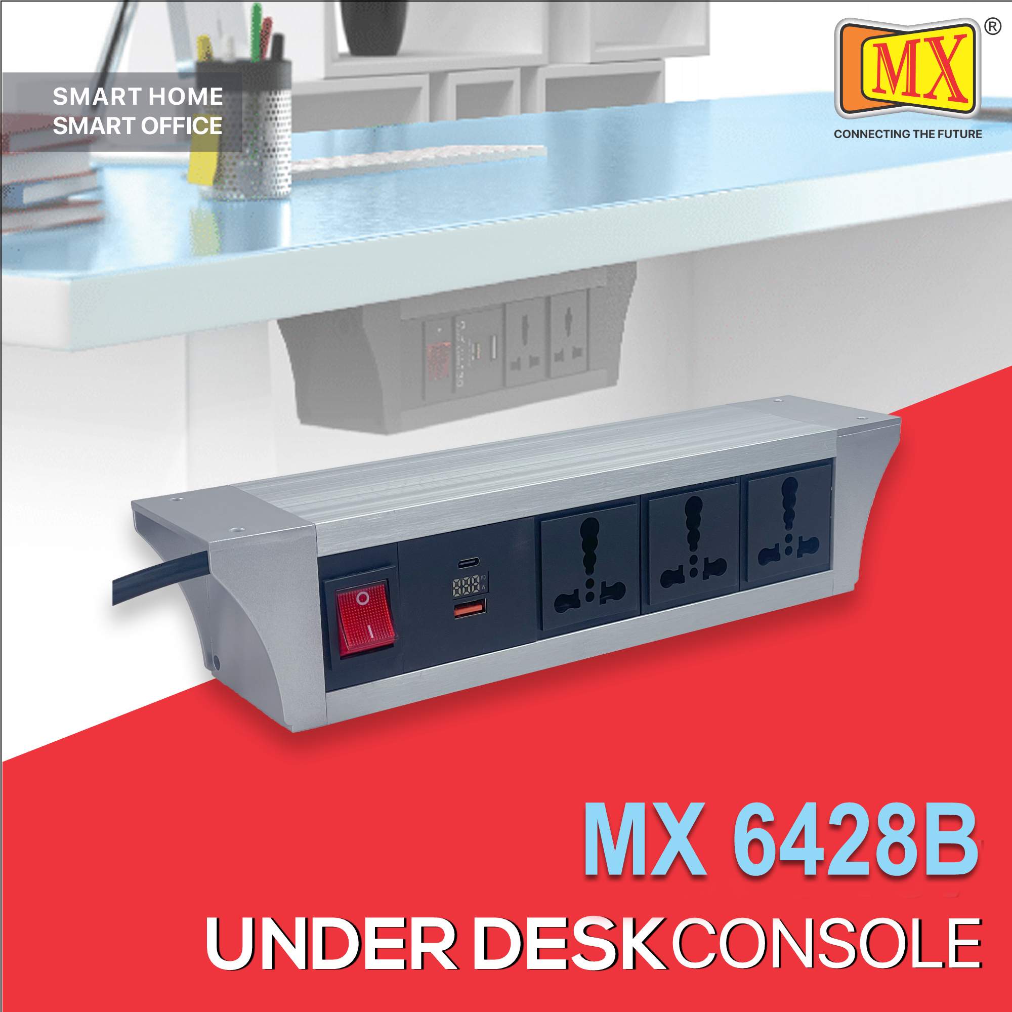 MX PDU Under table 6/16 Amps 3 Universal Socket | 2 USB (2.4 Amp) with 30W PD Charger With Display | Dual Pole LED Indicator Switch | 16 Amps Heavy Duty Cord 10 Meter with ISI Marked, Aluminium Body Material(MX 6428B-10M Silver)